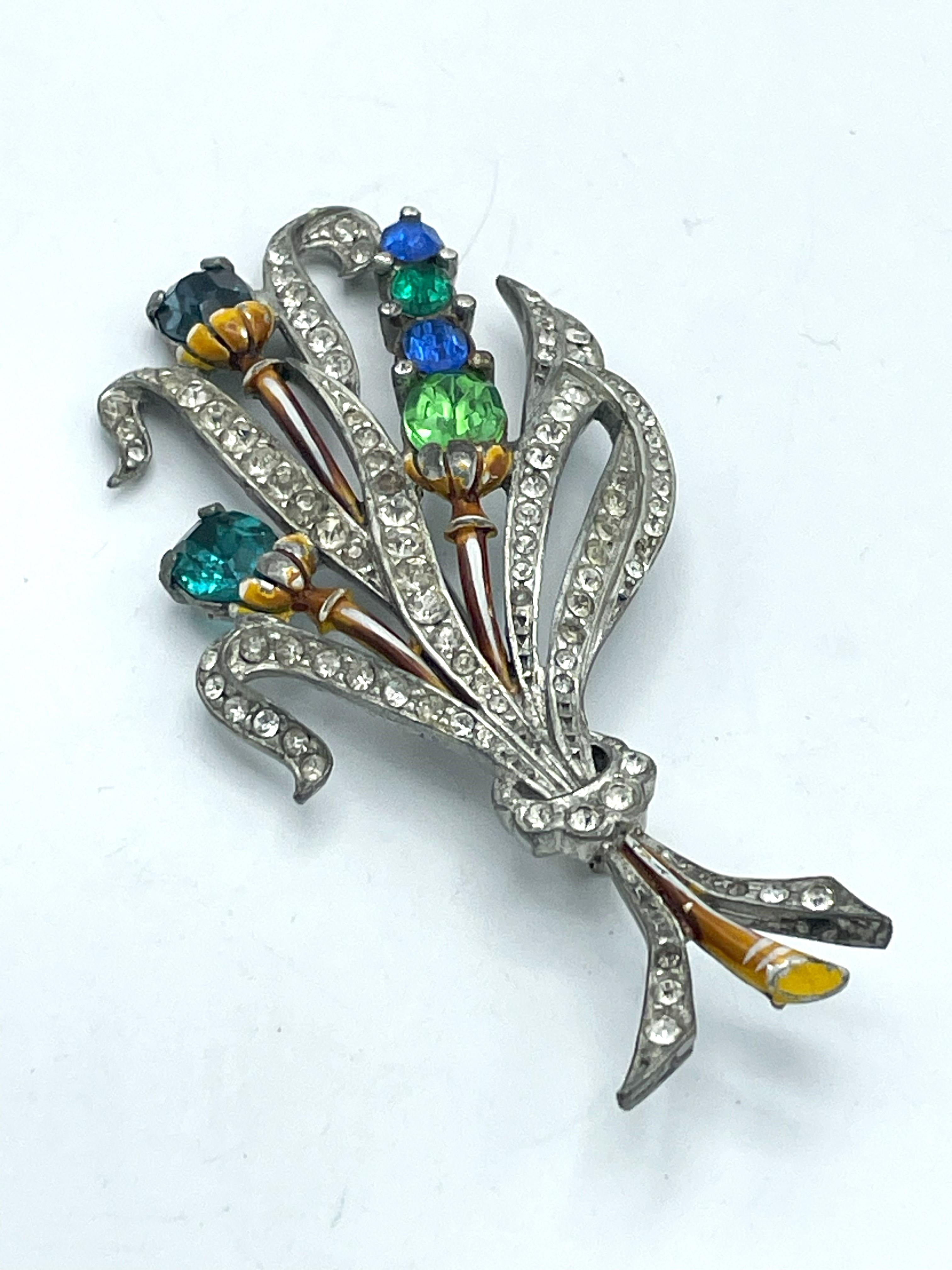 Women's Bouquet brooch from the 1930/40s with blue, green and clear rhinestones, potash  For Sale