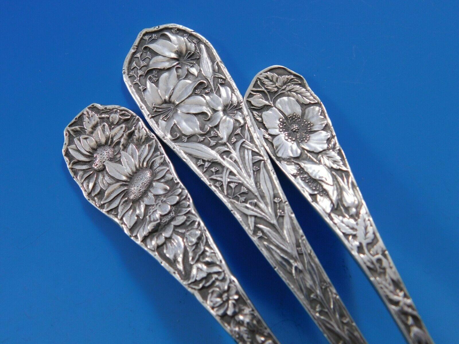 Rare Bouquet by William B. Durgin, circa 1875, multi-motif floral sterling silver Flatware set, 41 pieces (including Mother of Pearl knives). The floral detailing displayed on this pattern is superb! This set includes:

8 knives, 8 1/2