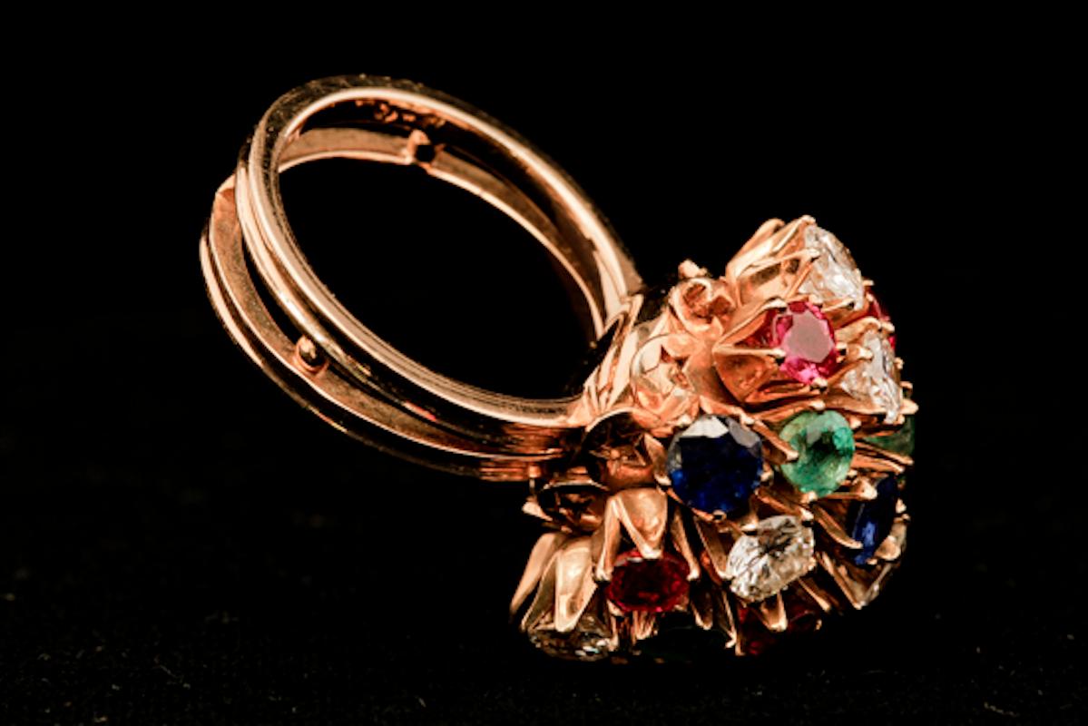 Round Cut Cocktail Ring with Diamonds, Rubies, Emeralds and Sapphires-18k yg
