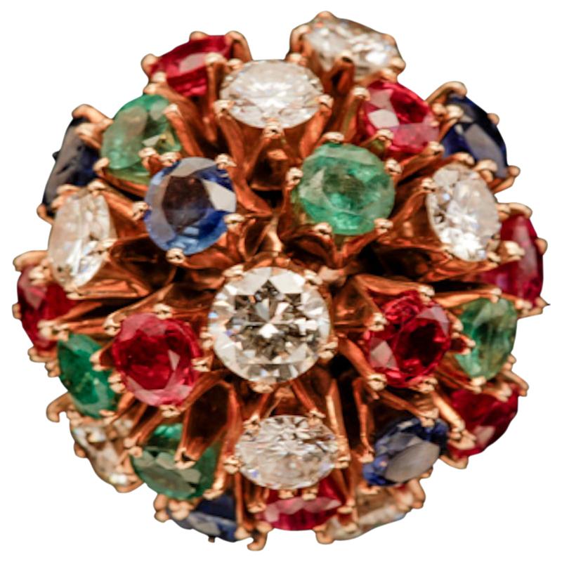 Cocktail Ring with Diamonds, Rubies, Emeralds and Sapphires-18k yg