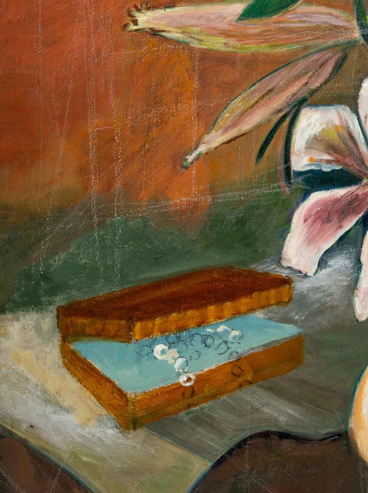 Bouquet de Fleurs, huile sur toile, 20e siècle.
École de Paris, Evelyne Luez.
Mesures : H : 73 cm, L : 60 cm.