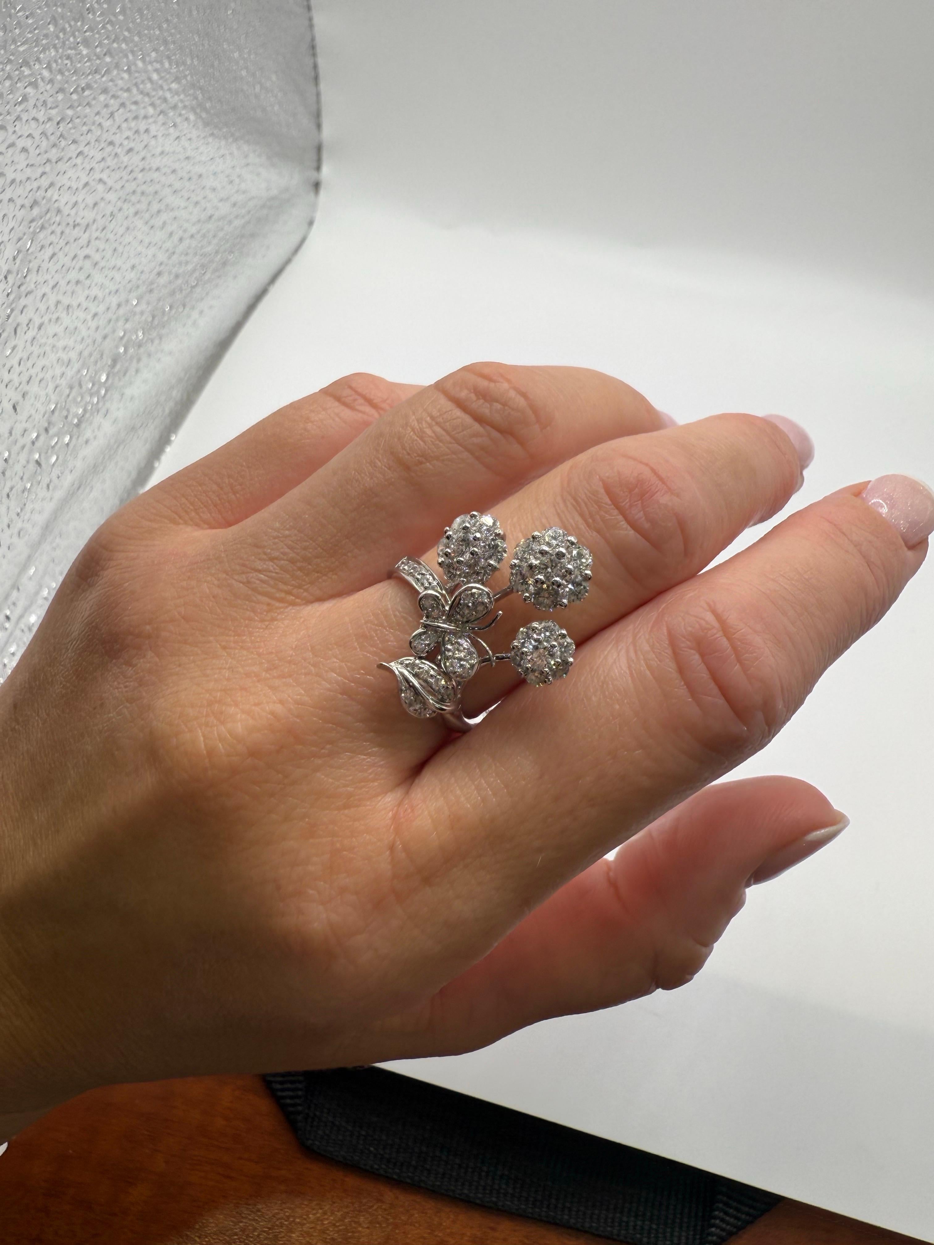 da uomo o donna Anello Bouquet Diamond Anello cocktail in oro bianco 18KT Anello floreale in vendita