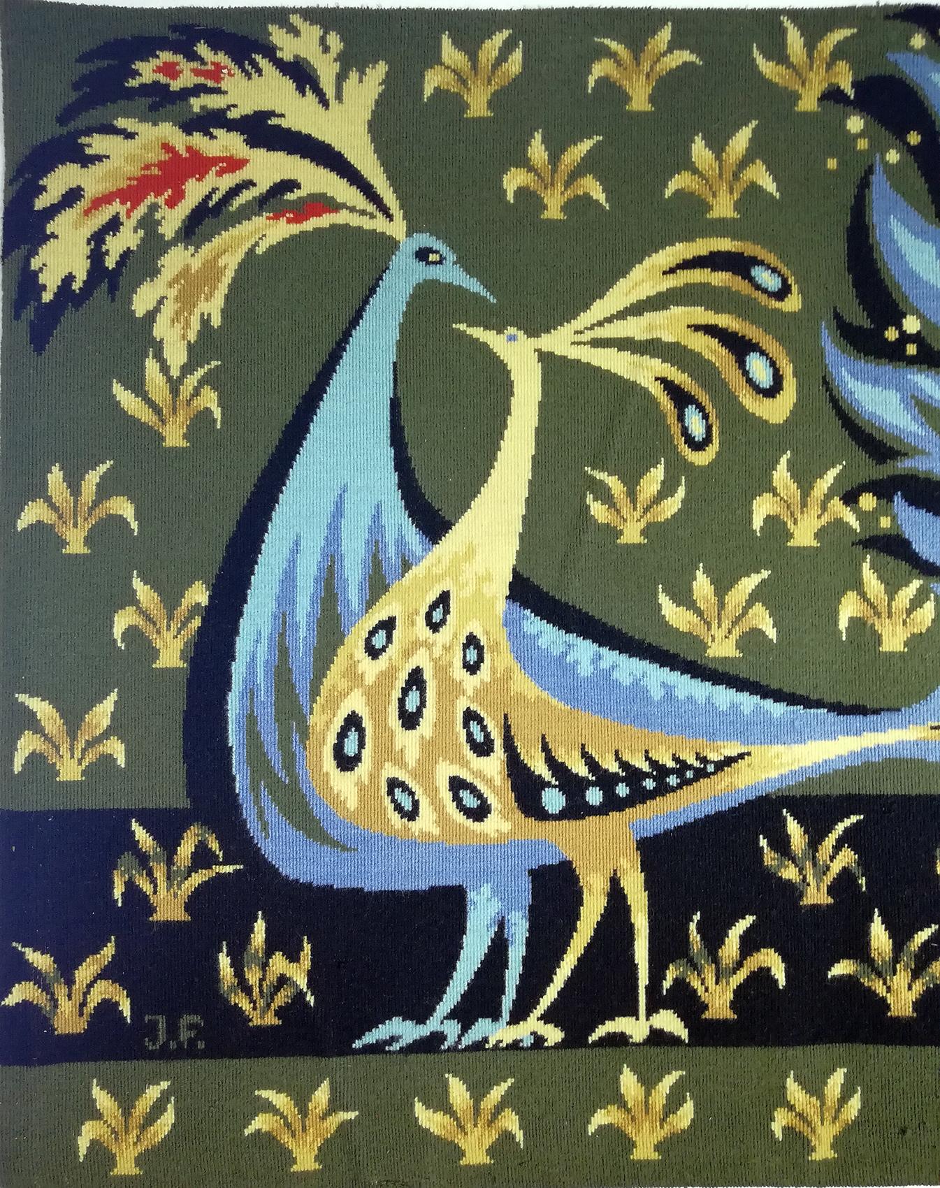 Modernist wall tapestry signed Claude Bleynie.
Entitled “Bouquet d’oiseaux bleus”.
Depicting a decorative scene of flowers with two elegant and stylized peacocks.
Woven wool, style Jacquard machine “point princesse” in the style of Jean