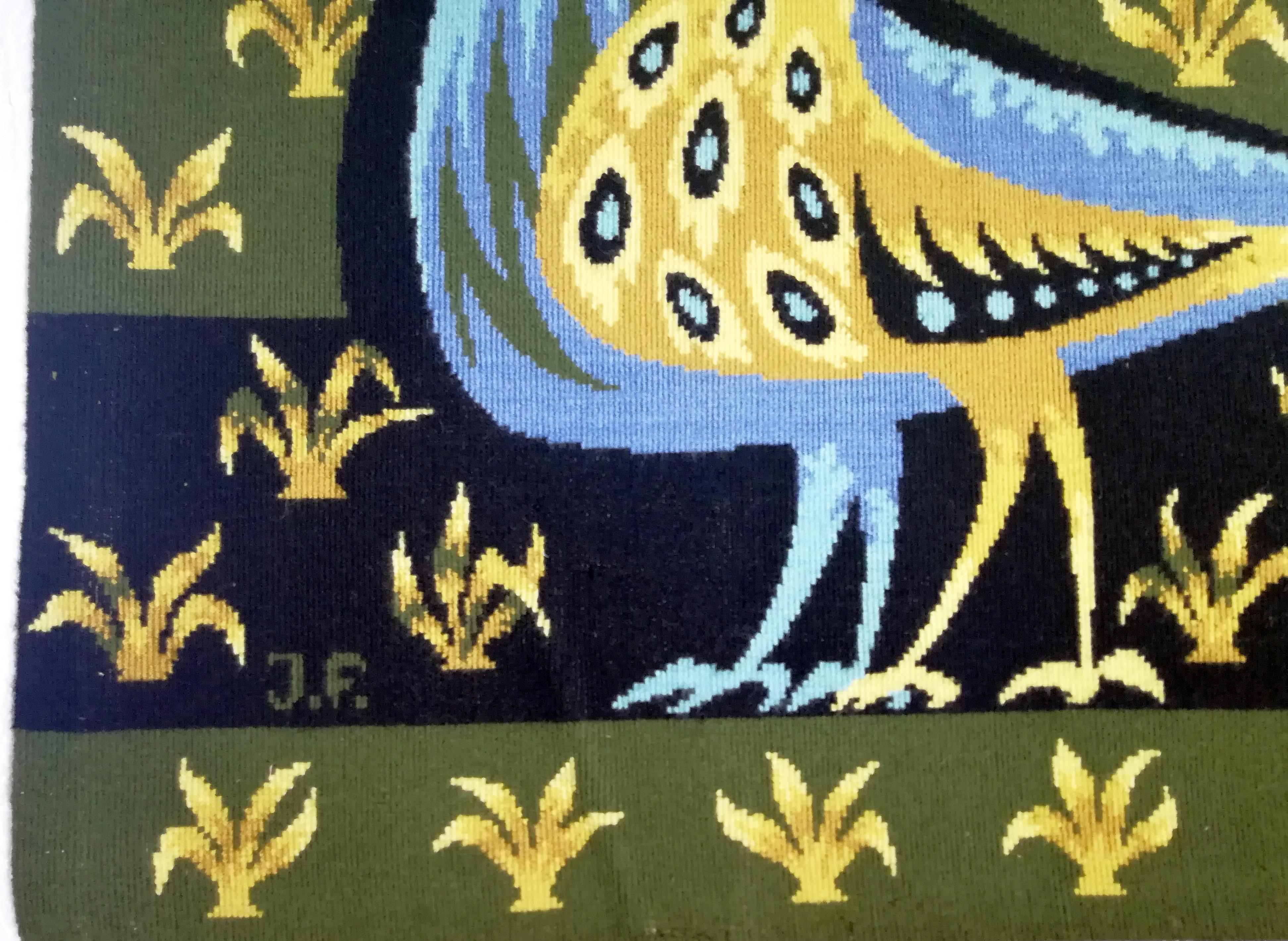 French “Bouquet d'oiseaux bleus” Tapestry Signed by Claude Bleynie
