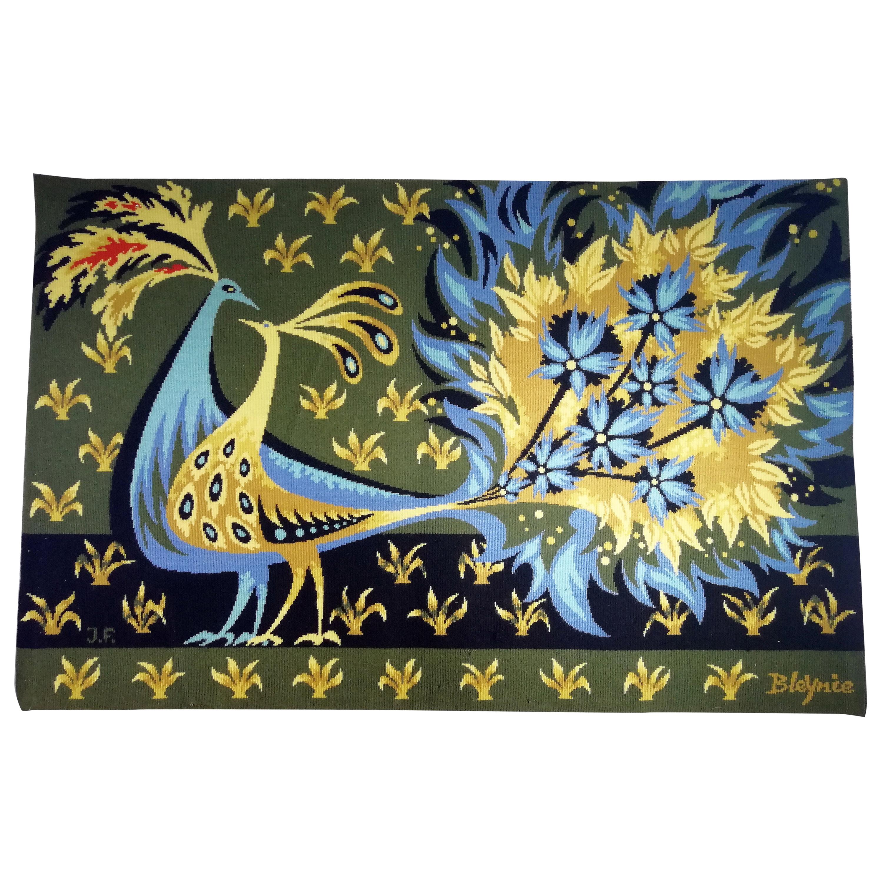 “Bouquet d'oiseaux bleus” Tapestry Signed by Claude Bleynie