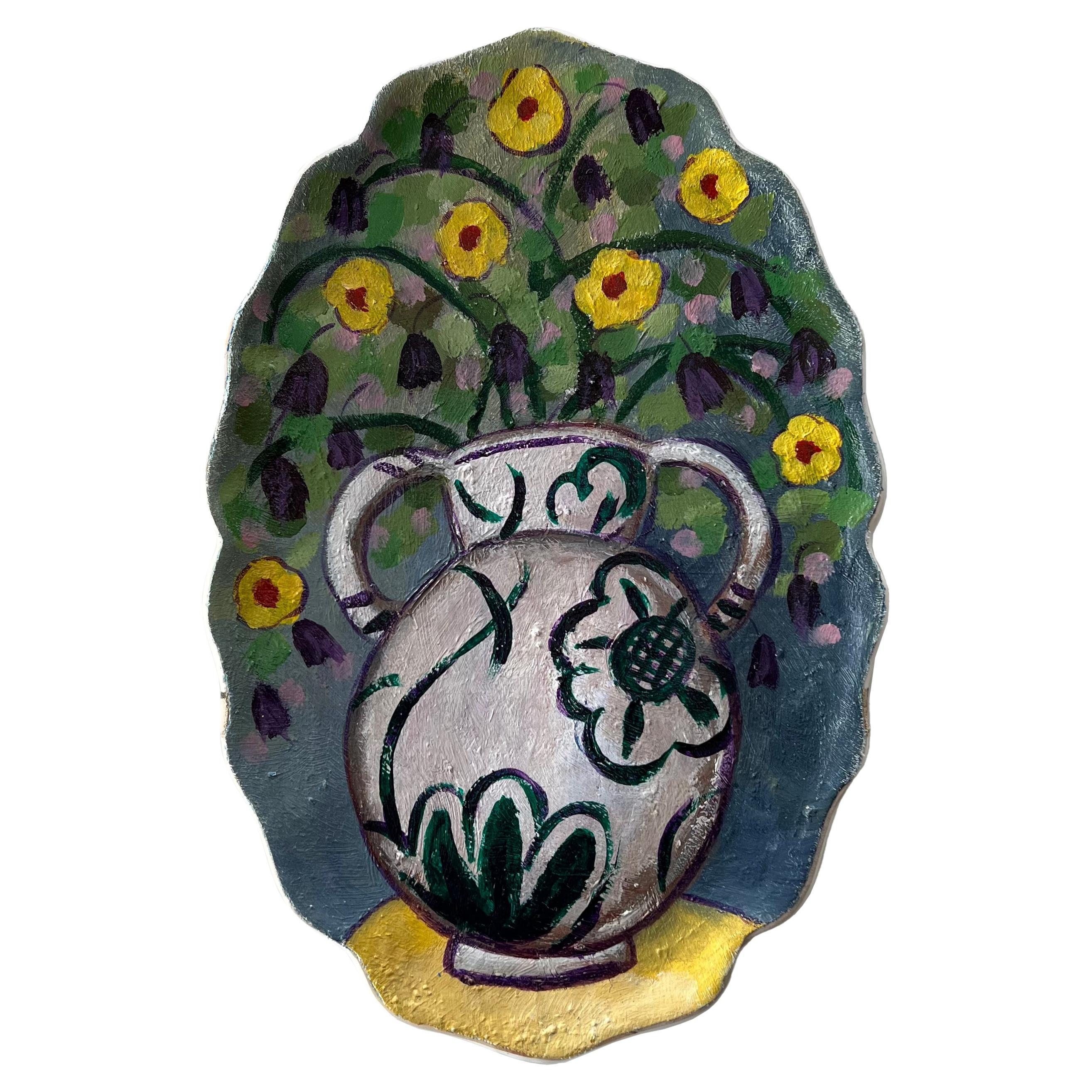 Plato de arte mural pintado a mano: Cerámica, acrílico sobre lienzo -Bouquet en jarrón Amphora en venta
