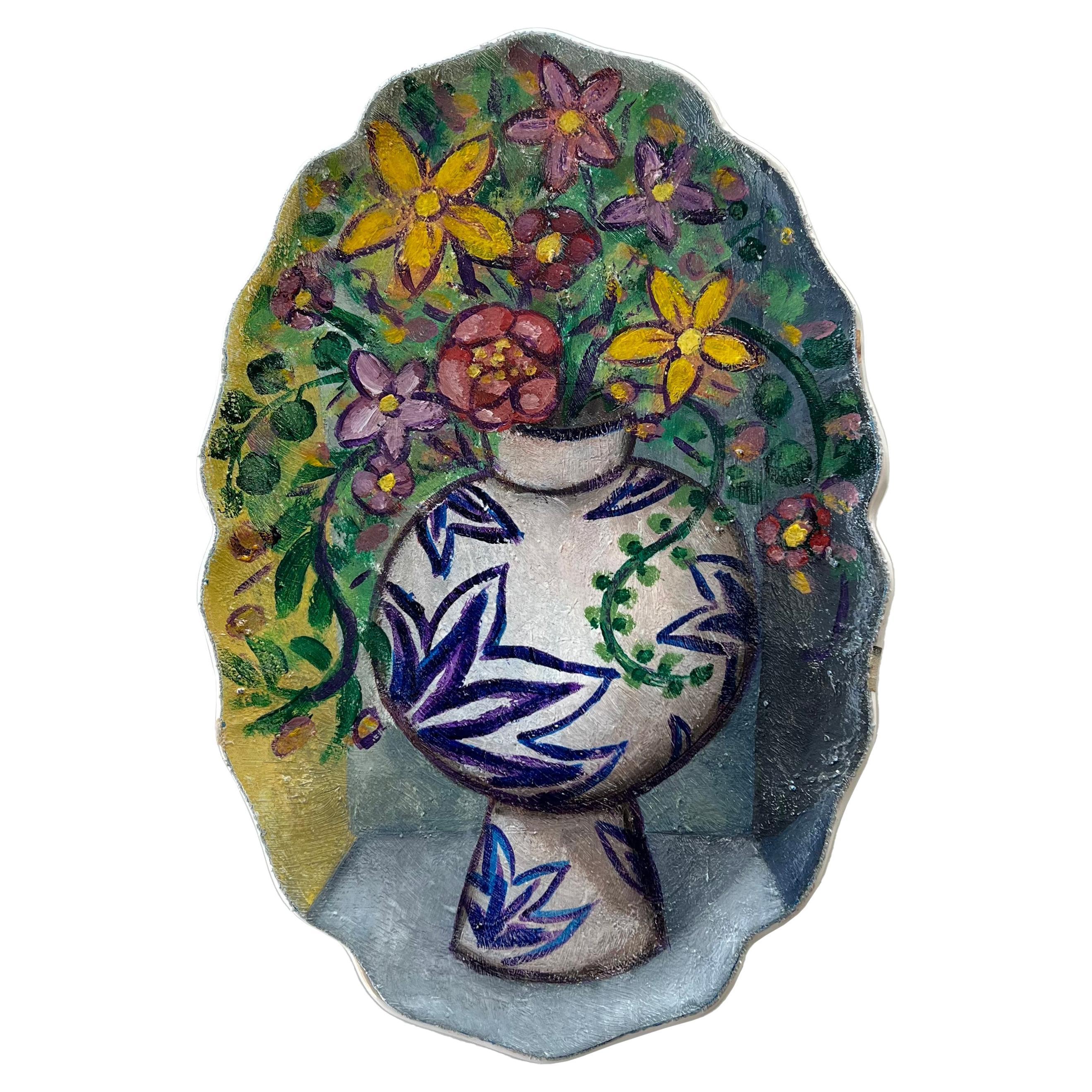 "Bouquet in Globular Vase" - One of a kind wall art plate