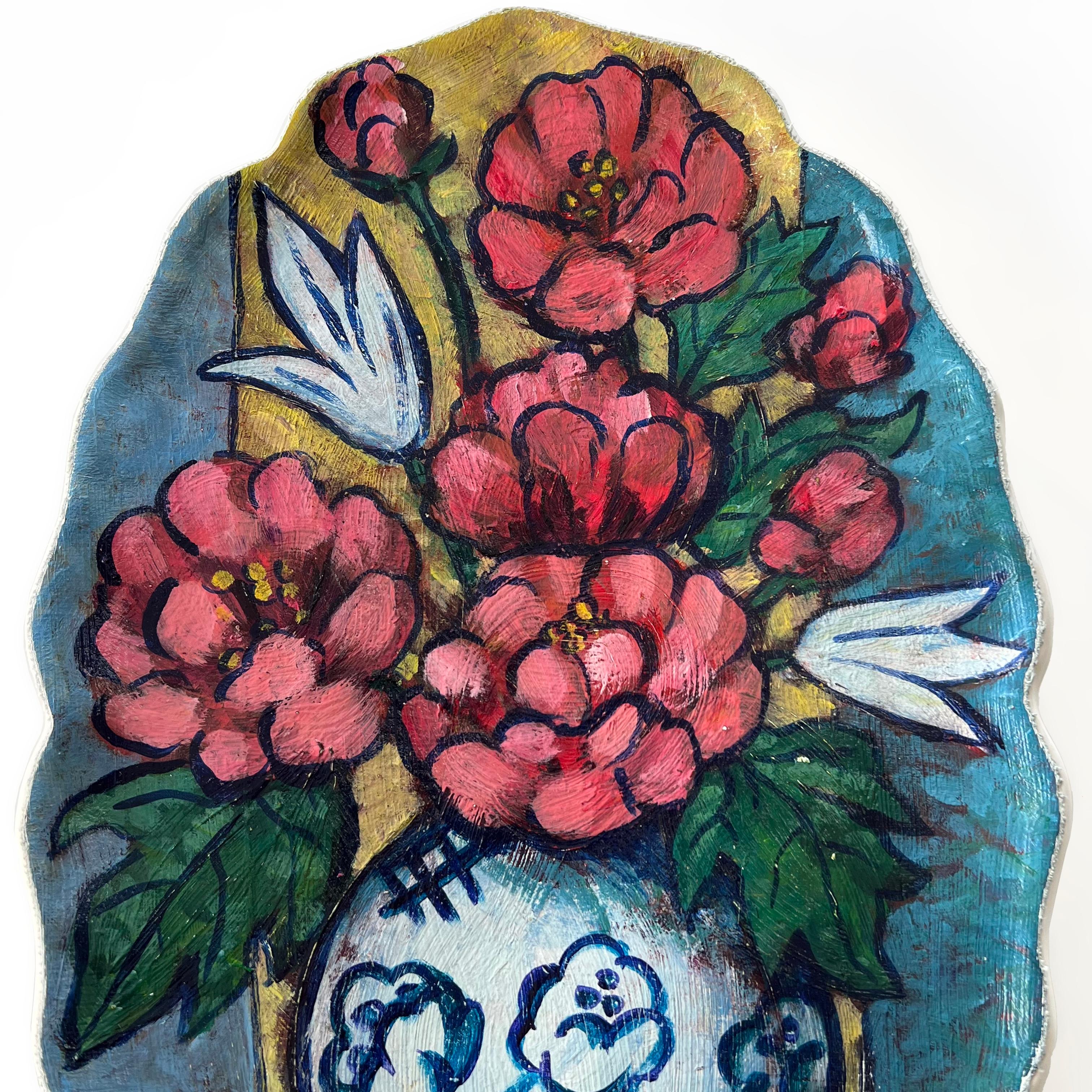 „Bouquet in kugelförmiger Vase“ – Einzigartige Wandkunstplatte (Sonstiges)