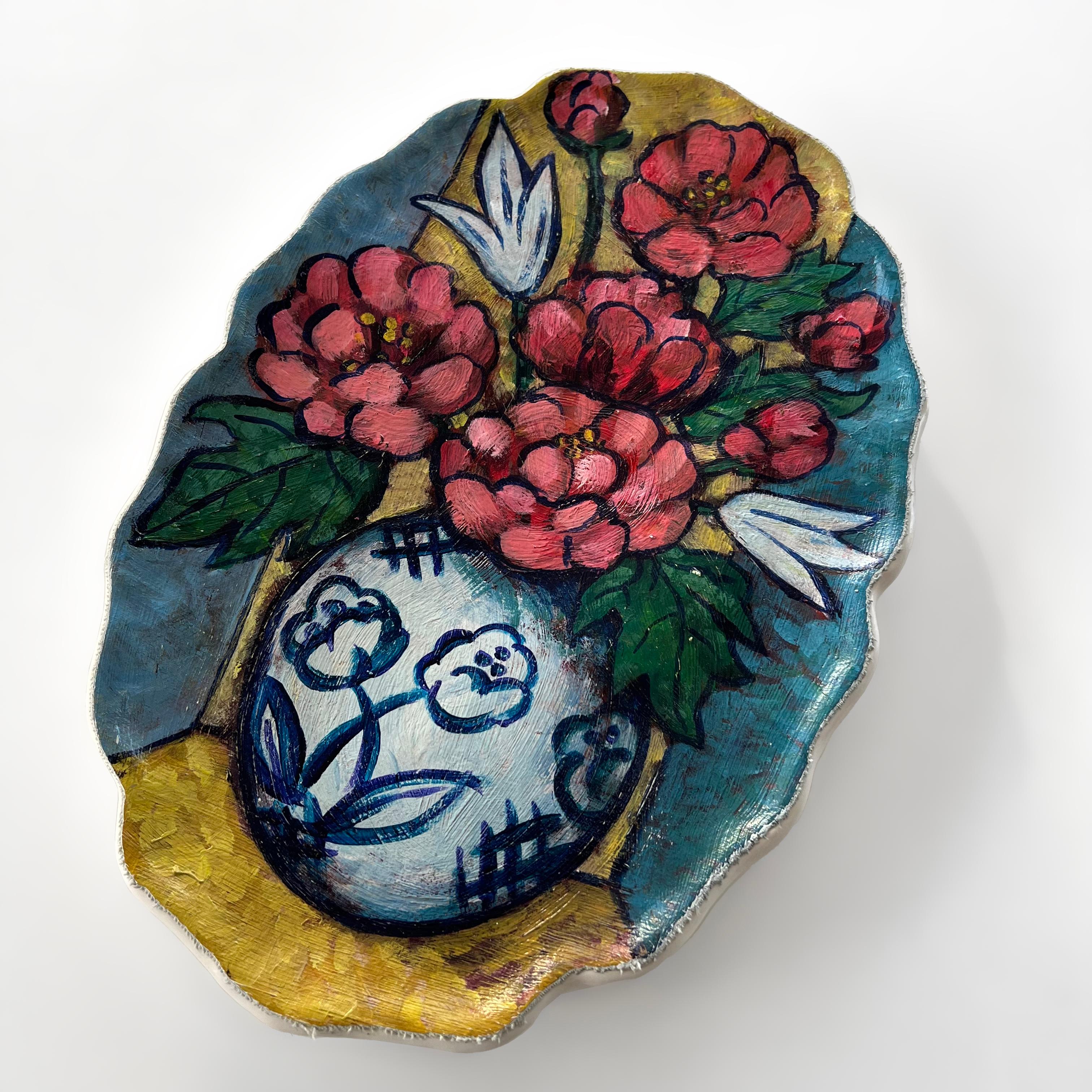 „Bouquet in kugelförmiger Vase“ – Einzigartige Wandkunstplatte (Niederländisch)
