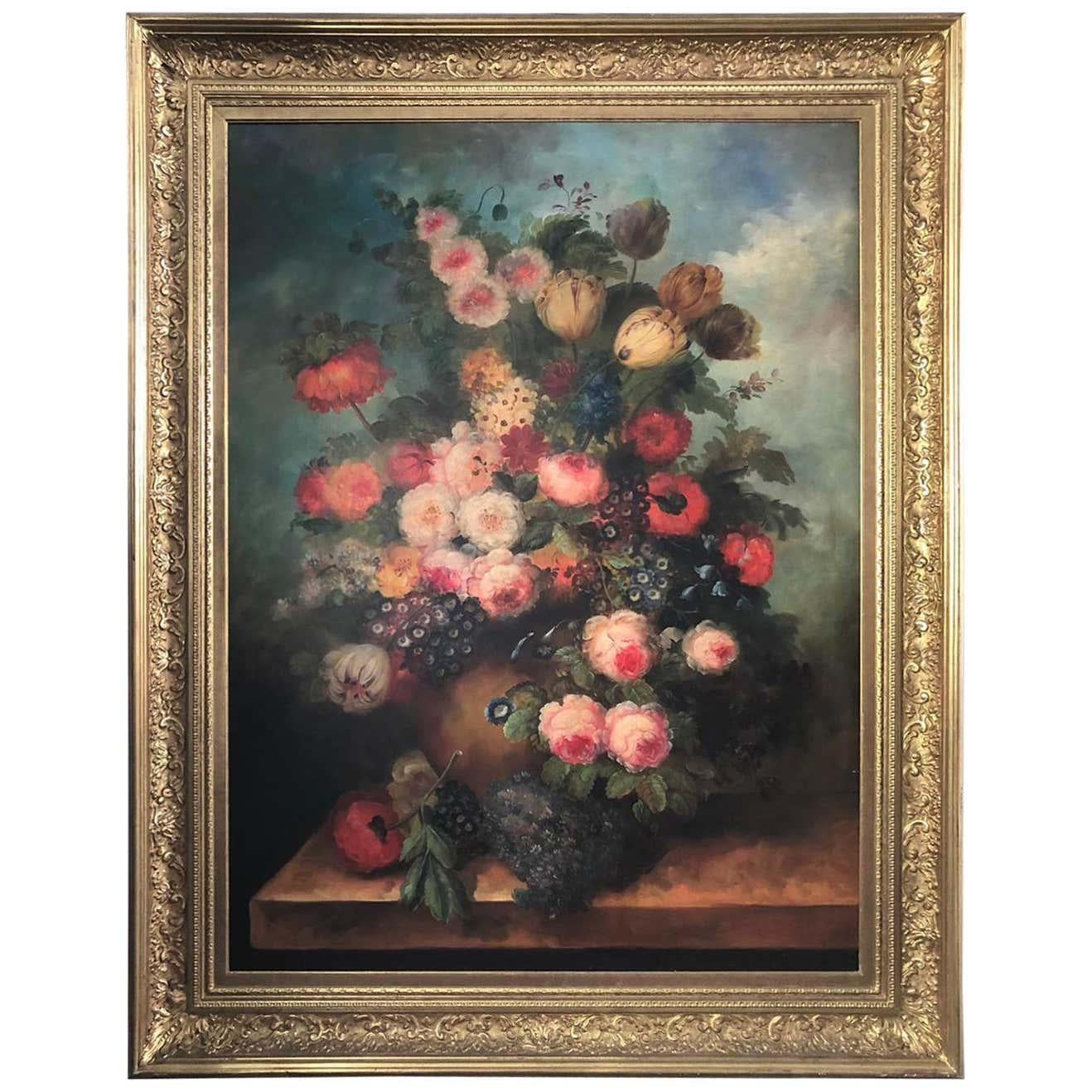 A beautiful and very large bouquet of carnations still life, 20th century “Multi-Petal” Roses, Hyacinths, “Coronary” Anemones, Scarlet Catryophyllaceae and Convolvulaceaous plants in an embossed metal vase”. Oil on canvas. Comes in a very large Gold