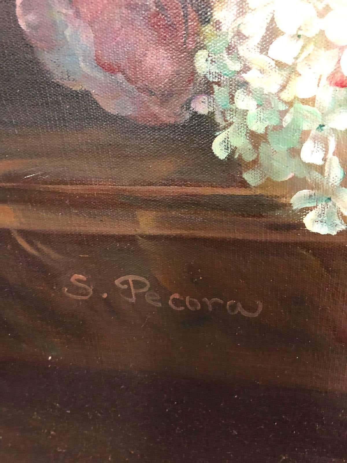 Blumenstrauß mit Schnitzereien Stillleben, signiert von S.Pecora, 20. Jahrhundert im Angebot 8
