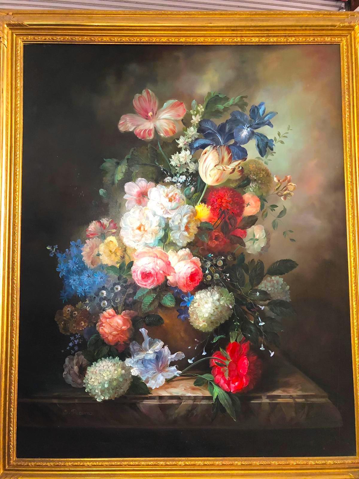 Bouquet of carnations still life, signed by S.Pecora 20th century “Multi-Petal” Roses, Hyacinths, “Coronary” Anemones, Scarlet Catryophyllaceae and Convolvulaceaous plants in an embossed metal vase”. Oil on canvas.

Notes on the artist:
S.Pecora