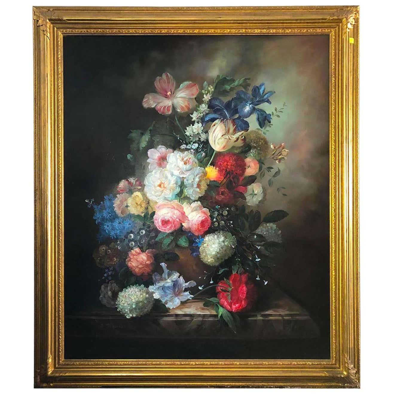 Bouquet of carnations still life, signed by S.Pecora 20th century “Multi-Petal” Roses, Hyacinths, “Coronary” Anemones, Scarlet Catryophyllaceae and Convolvulaceaous plants in an embossed metal vase”. Oil on canvas. Notes on the artist: S.Pecora