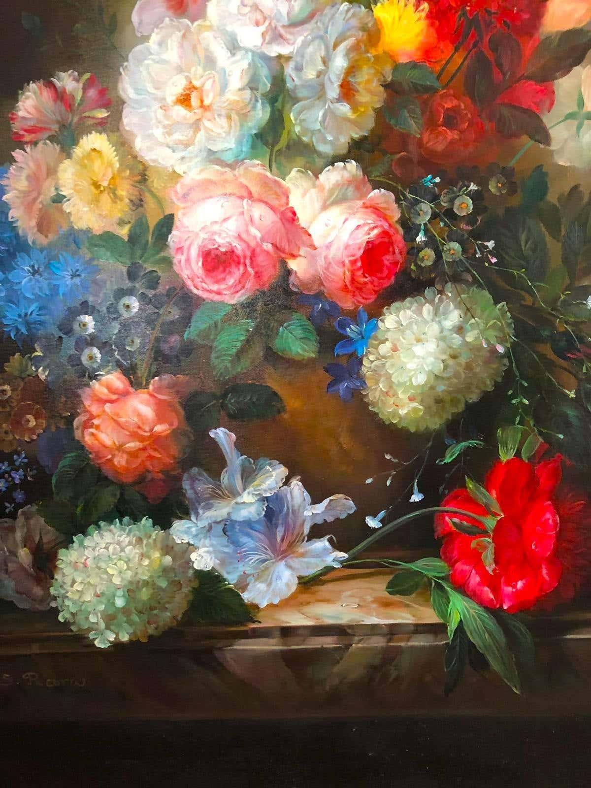 Canvas Bouquet of Carnations Still Life, Signed by S.Pecora, 20th Century For Sale