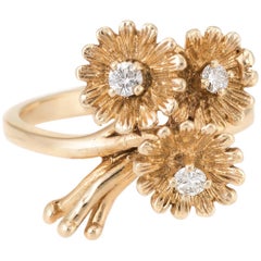Bouquet of Daisy Flowers Diamond Ring Vintage 14 Karat Gold Estate Jewelry