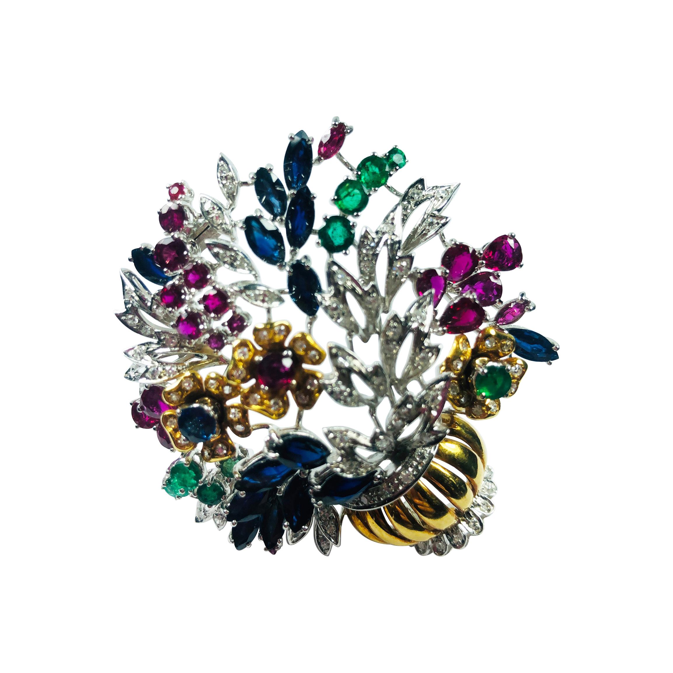 Bouquet of Flower Brooche in 18 Karat Gold and Emerald Ruby and Sapphire Flowers