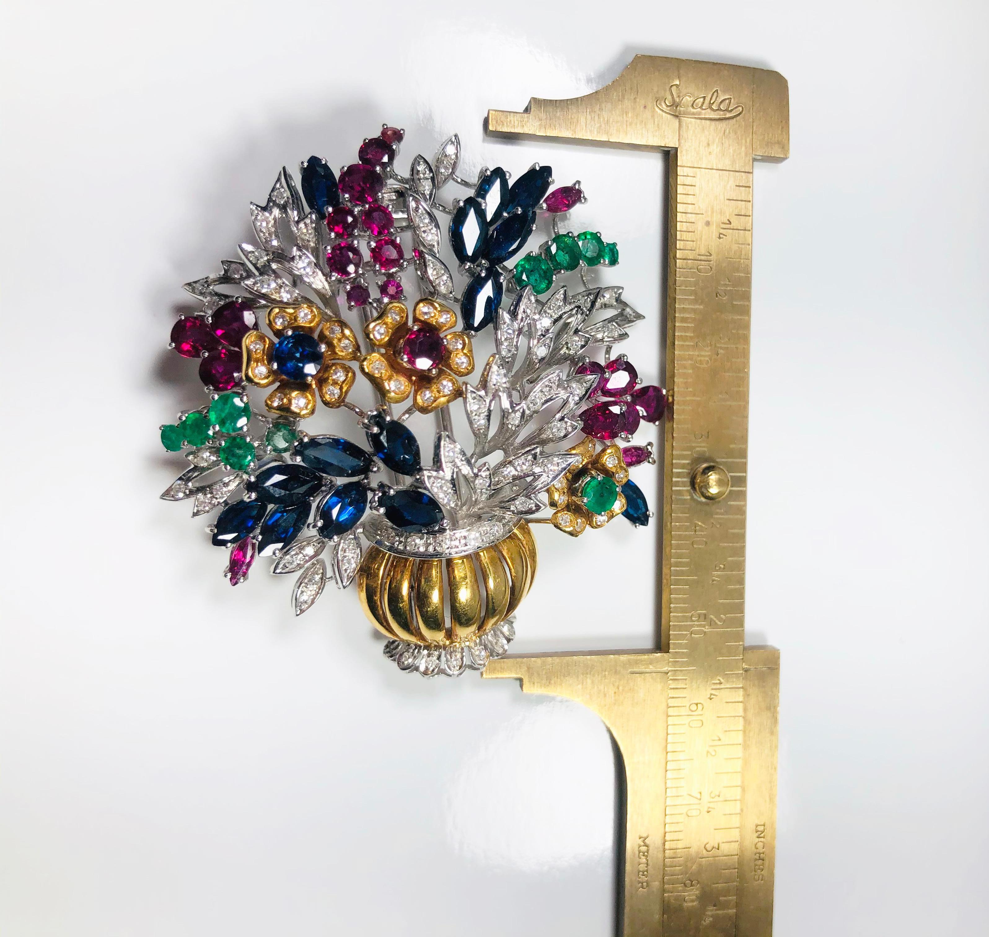 Brilliant Cut Bouquet of Flower Brooche in 18 Karat Gold and Emerald Ruby and Sapphire Flowers