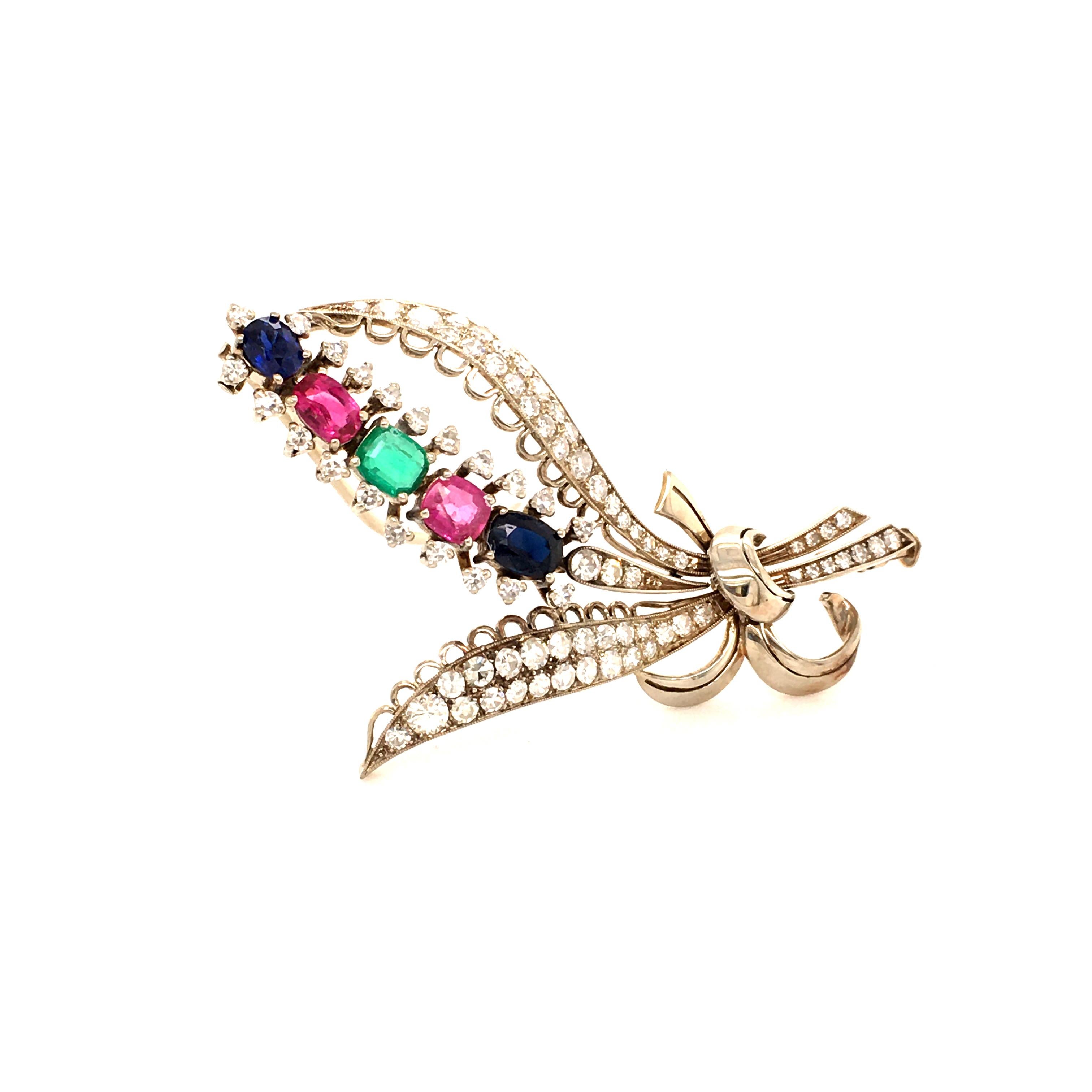 Bouquet of Flowers Brooch with Rubies, Sapphires, Emerald and Diamonds For Sale 3
