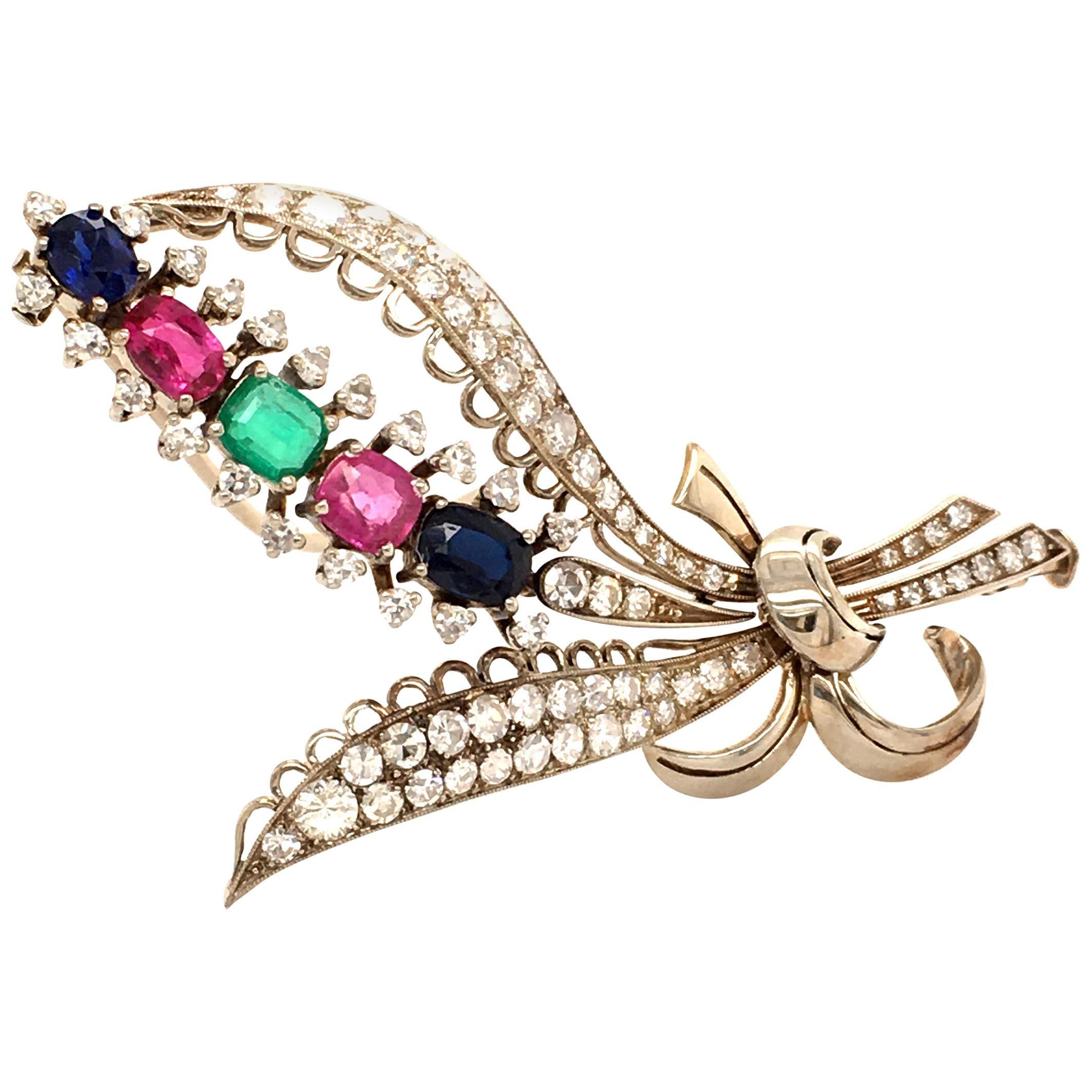 Bouquet of Flowers Brooch with Rubies, Sapphires, Emerald and Diamonds For Sale