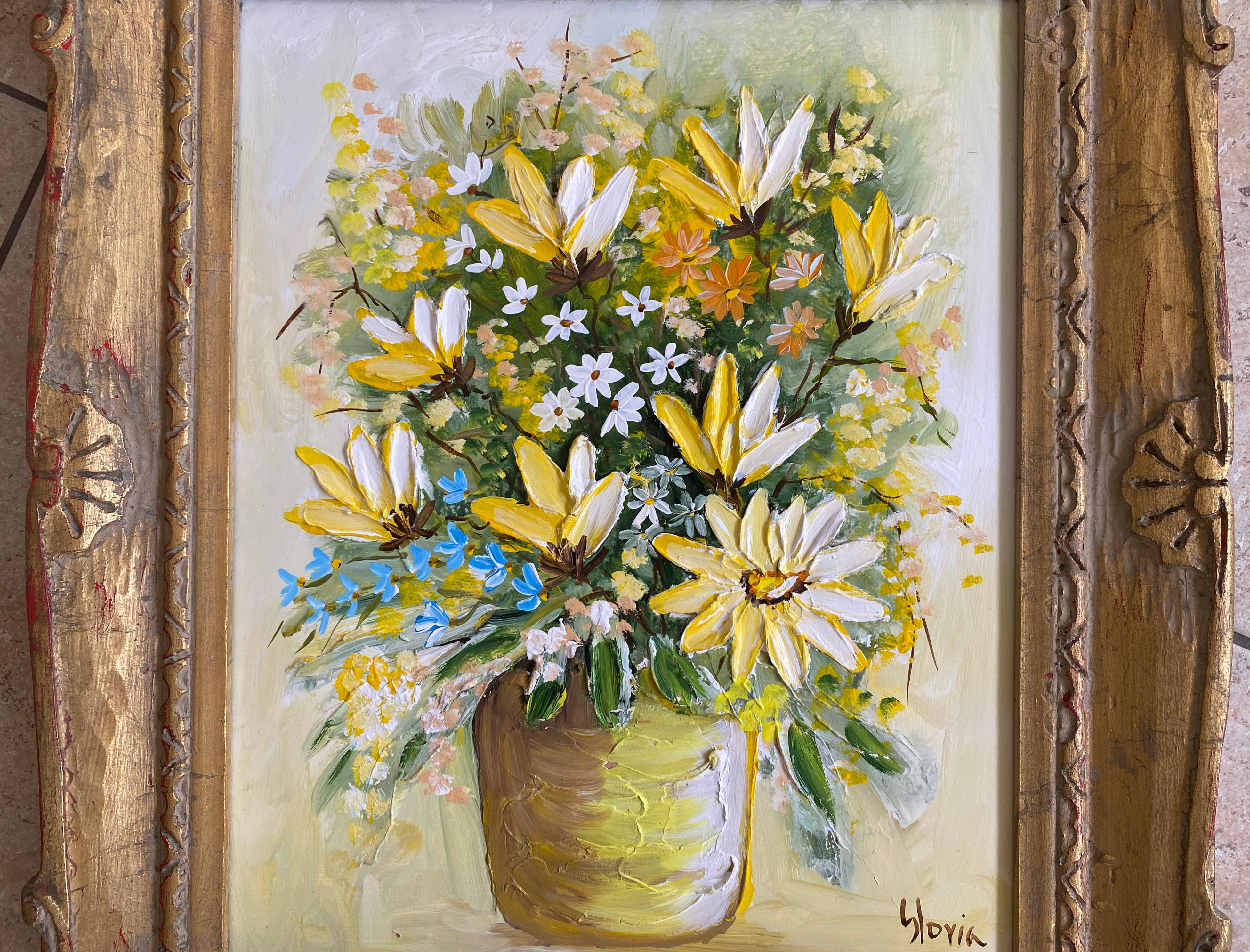 Gilt Bouquet of Flowers Painting Signed Gloria For Sale