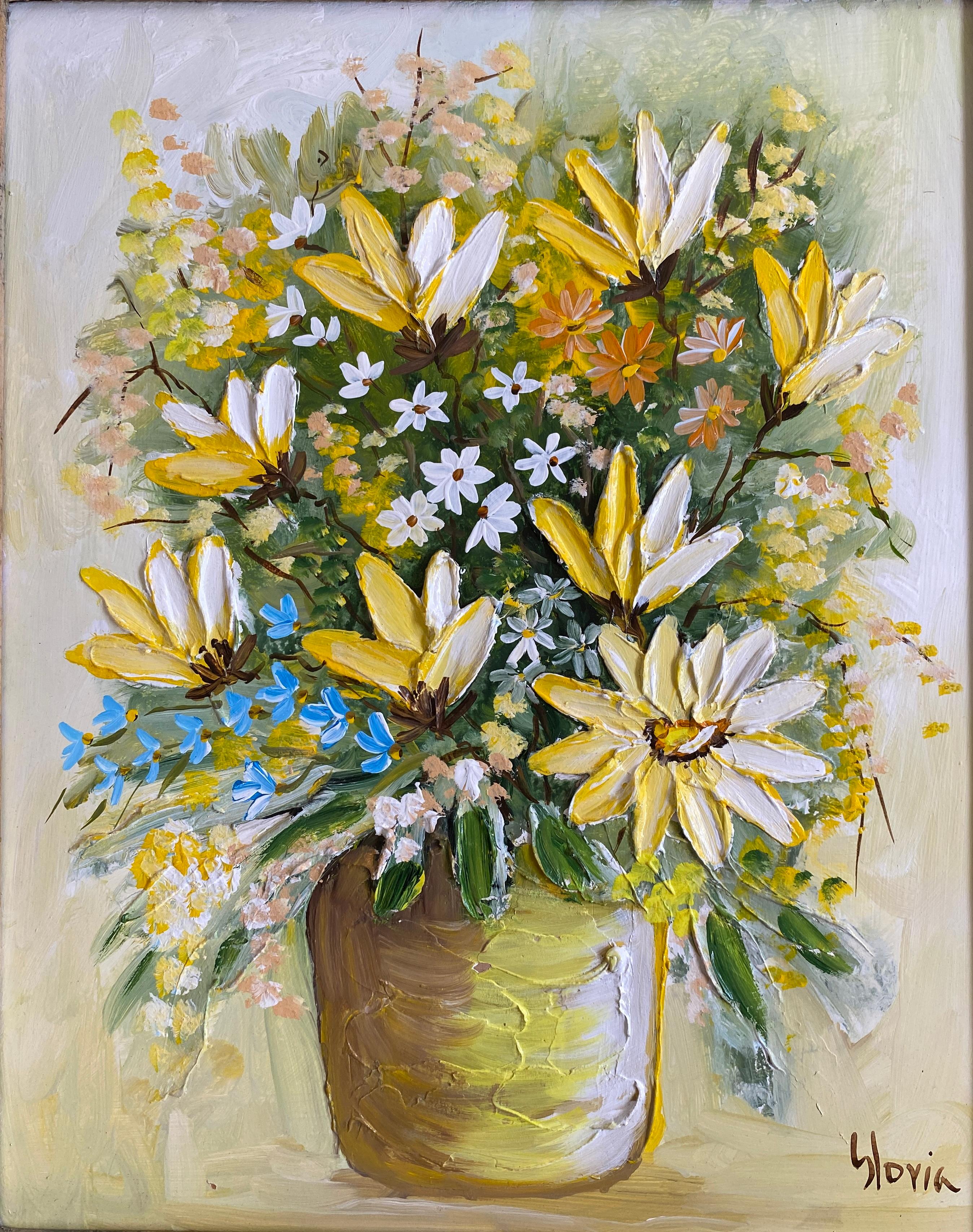 Wood Bouquet of Flowers Painting Signed Gloria For Sale