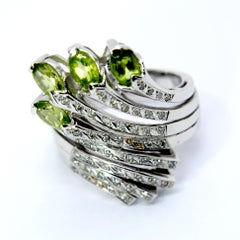 Bouquet of Olivine Peridot Flowers in 18 Karat White Gold and Diamond Ring