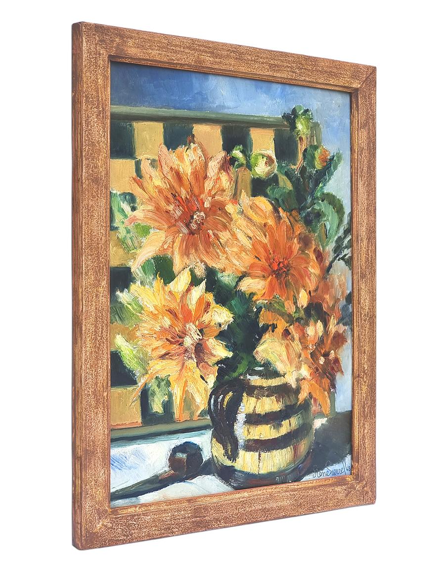 Oil on cardboard painted in 1943 by French artist René Sierrel. The floral still life depicts a bouquet of orange colors peonies in a glazed two-tone terracotta pitcher, next to a wooden pipe, with a chess or checkers board in the background.