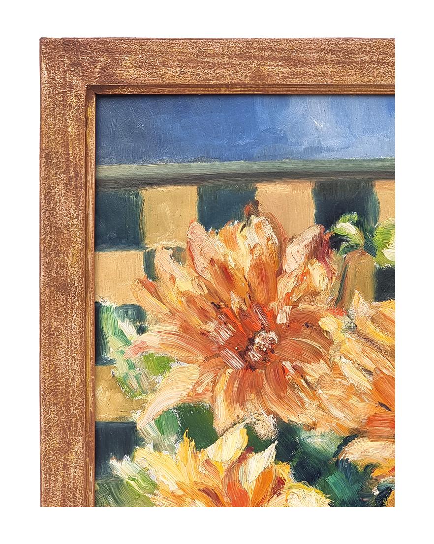 French “Bouquet Of Peonies With A Pipe” By René Sierrel, Oil On Cardboard, circa 1943 For Sale
