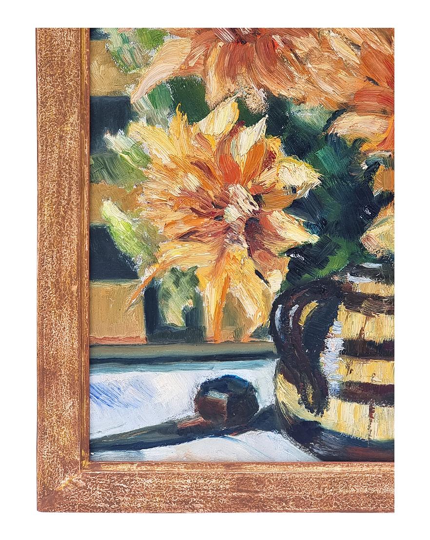 Painted “Bouquet Of Peonies With A Pipe” By René Sierrel, Oil On Cardboard, circa 1943 For Sale