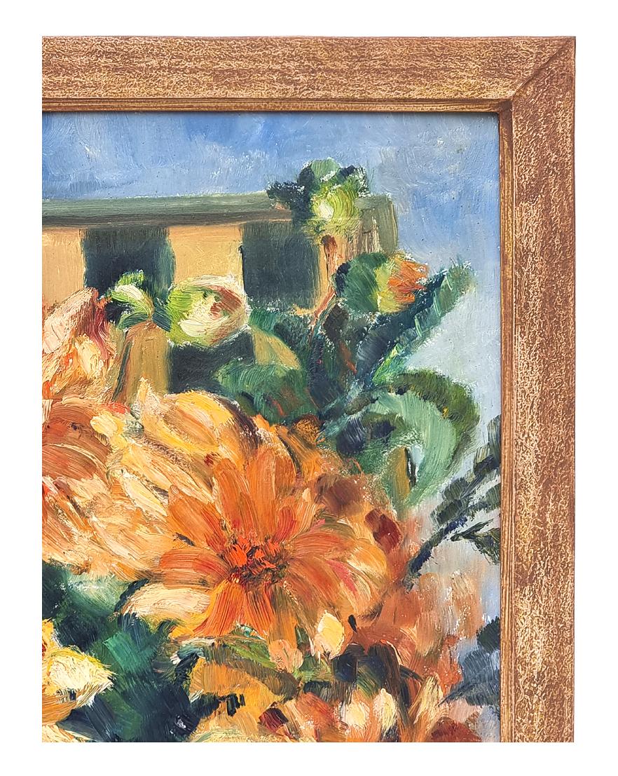 “Bouquet Of Peonies With A Pipe” By René Sierrel, Oil On Cardboard, circa 1943 In Good Condition For Sale In Paris, FR