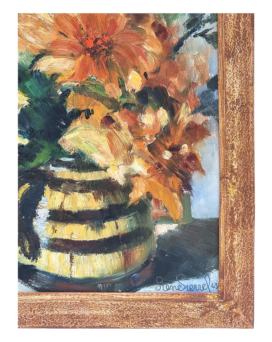 Blumenstrauß aus Pfingstrosen mit Pfeife von René Sierrel, Öl auf Karton, um 1943 (Farbe) im Angebot