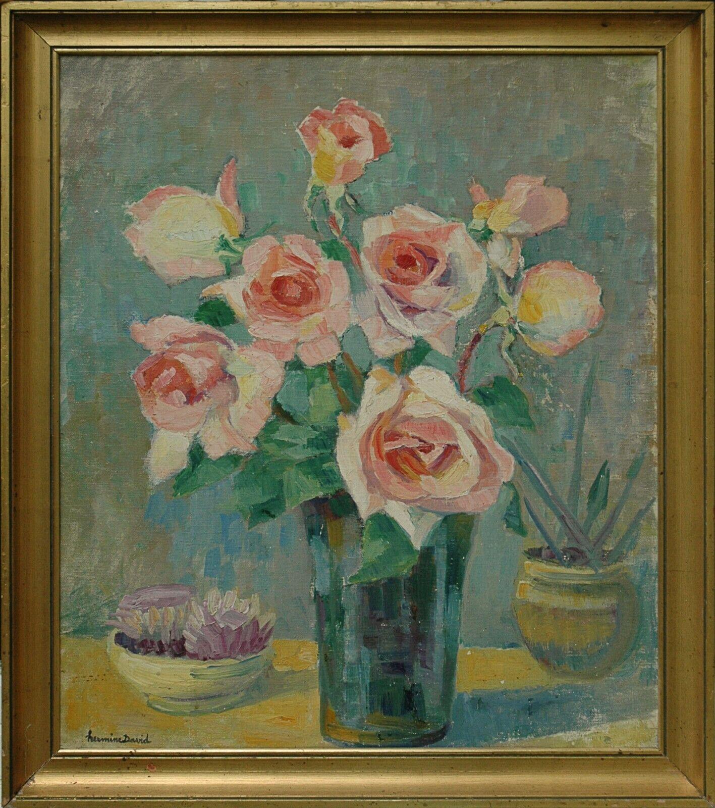 Bouquet of Roses by Hermine David, oil on cardboard linen, signed. Framed.

Hermine Lionette Cartan David (19 April 1886 in Paris – 1 December 1970 in Bry-sur-Marne) was a French painter and the wife of Jules Pascin, also a painter.

She became