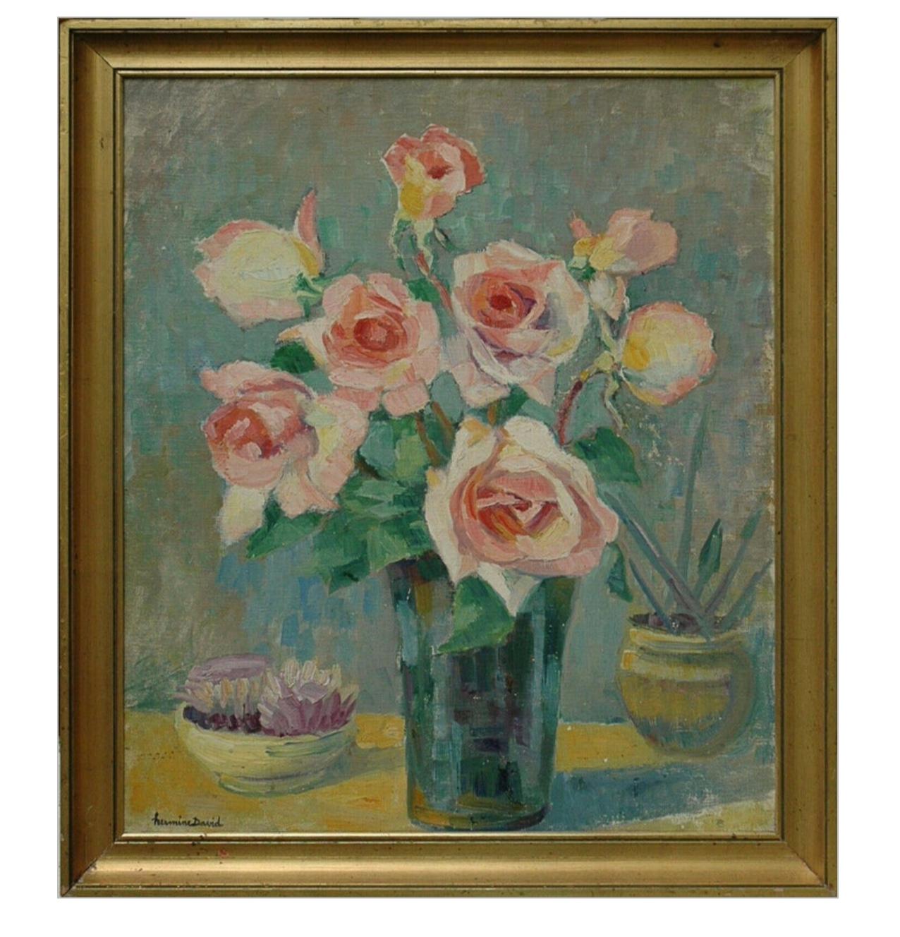 Bouquet of roses by Hermine David, oil on cardboard linen, signed. Framed.

Hermine Lionette Cartan David (19 April 1886 in Paris – 1 December 1970 in Bry-sur-Marne) was a French painter and the wife of Jules Pascin, also a painter.

She became
