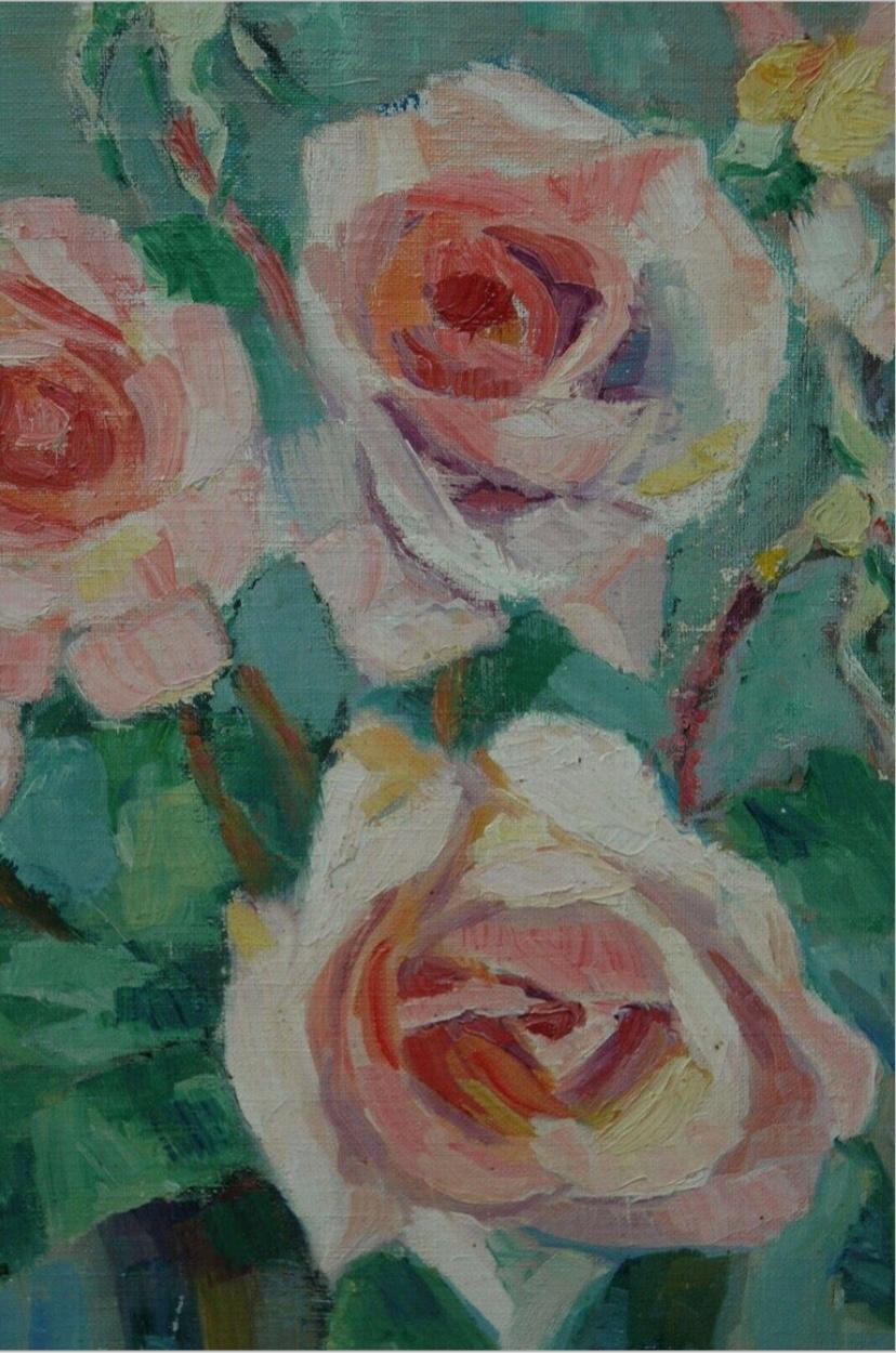 European Bouquet of Roses by Hermine David, Oil on Cardboard Linen, Signed For Sale