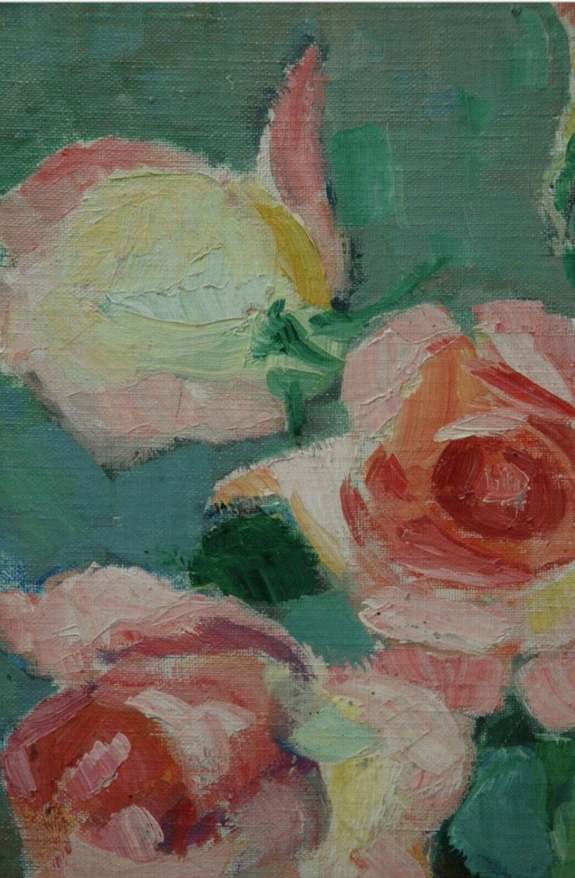 Appliqué Bouquet of Roses by Hermine David, Oil on Cardboard Linen, Signed For Sale