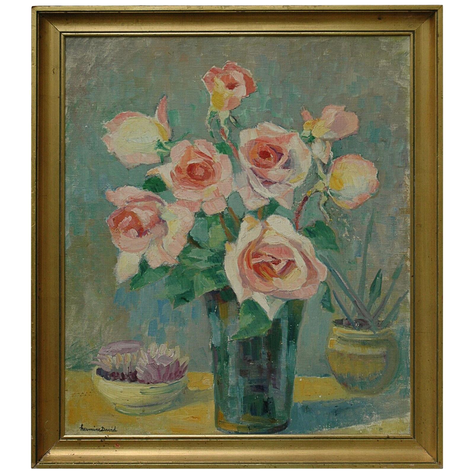 Bouquet di rose di Hermine David, Olio su cartone di lino, Firmato