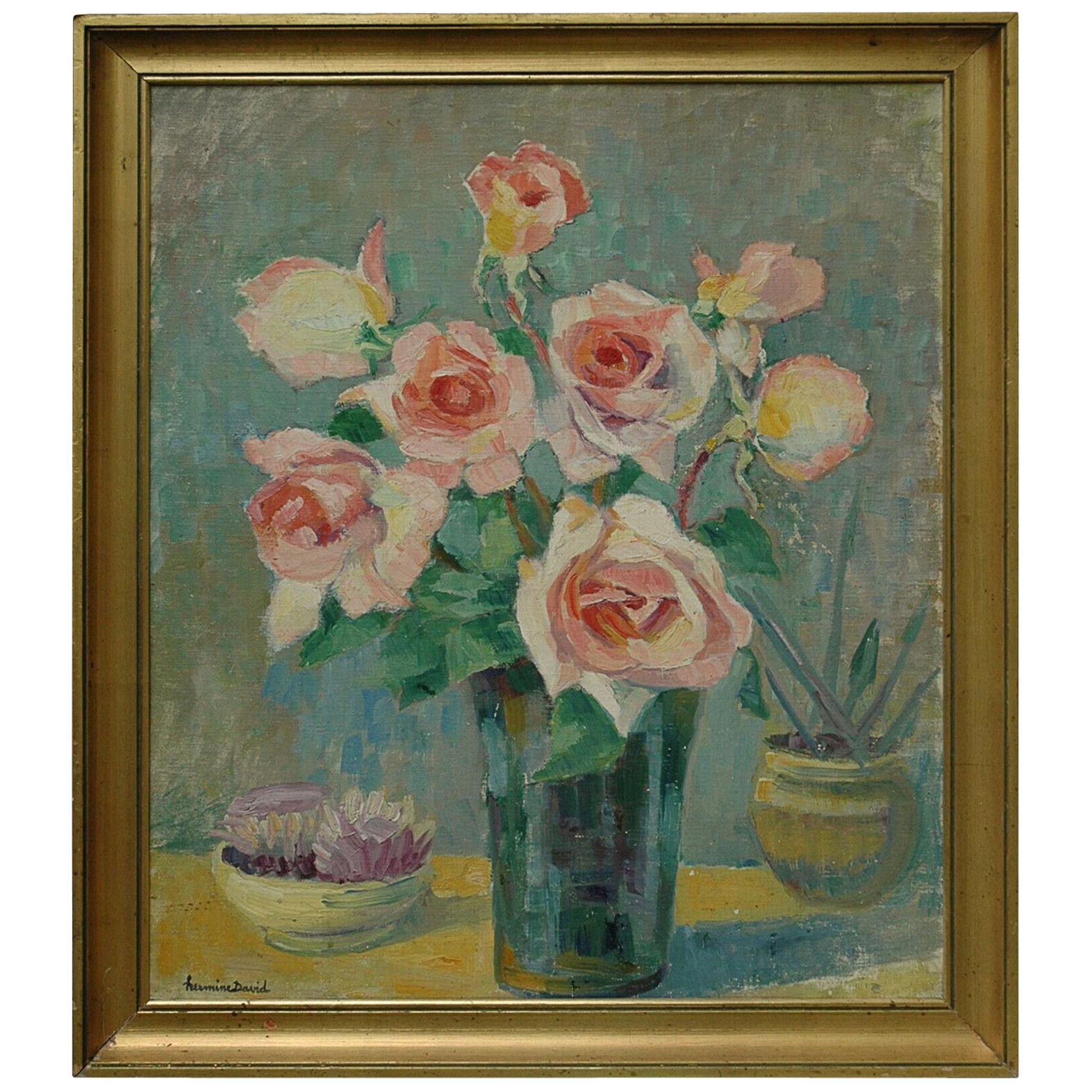 Bouquet of Roses by Hermine David, Oil on Cardboard Linen, Signed For Sale