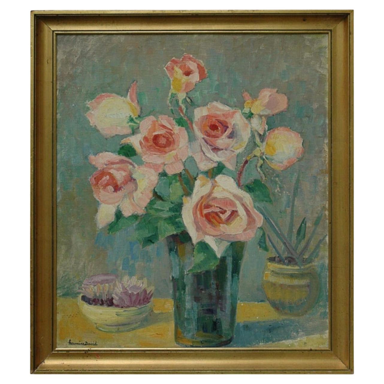 Bouquet of Roses by Hermine David, Oil on Cardboard Linen, Signed For Sale