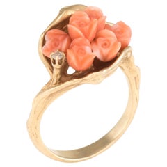 Bouquet of Roses Coral Cocktail Ring Vintage 14k Yellow Gold Estate Fine Jewelry