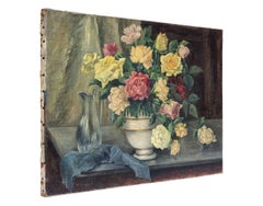 Bouquet Of Roses In A Vase, Signed M. Zevort. Oil Painting, 20th Century