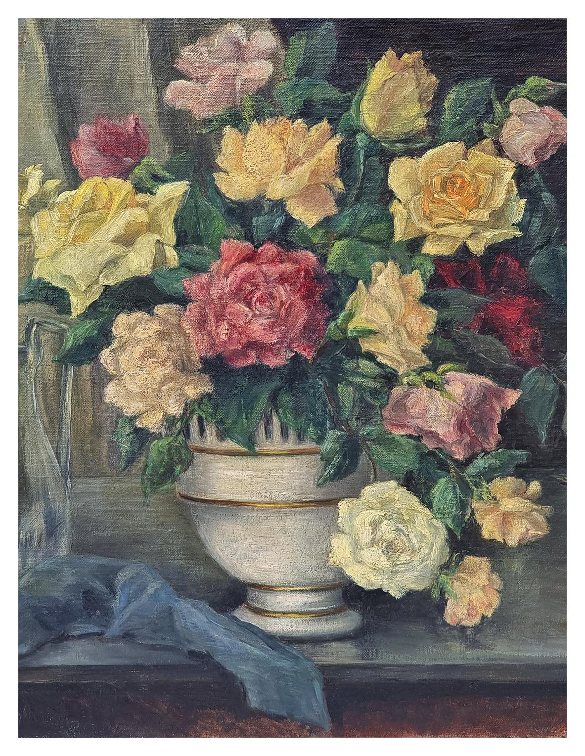 French Bouquet Of Roses In A Vase, Signed M. Zevort. Oil Painting, 20th Century For Sale