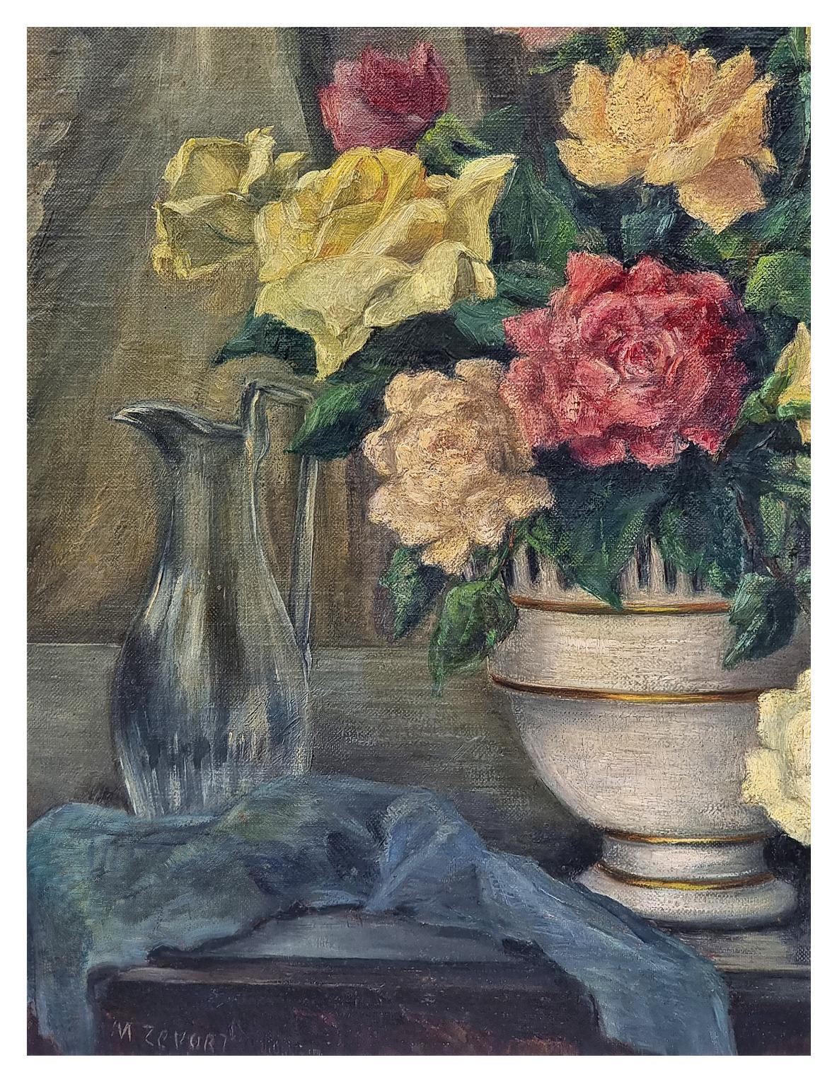 Painted Bouquet Of Roses In A Vase, Signed M. Zevort. Oil Painting, 20th Century For Sale