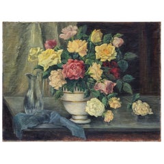 Bouquet de roses dans un vase, signé M. Zevort. Peinture à l'huile, 20e siècle