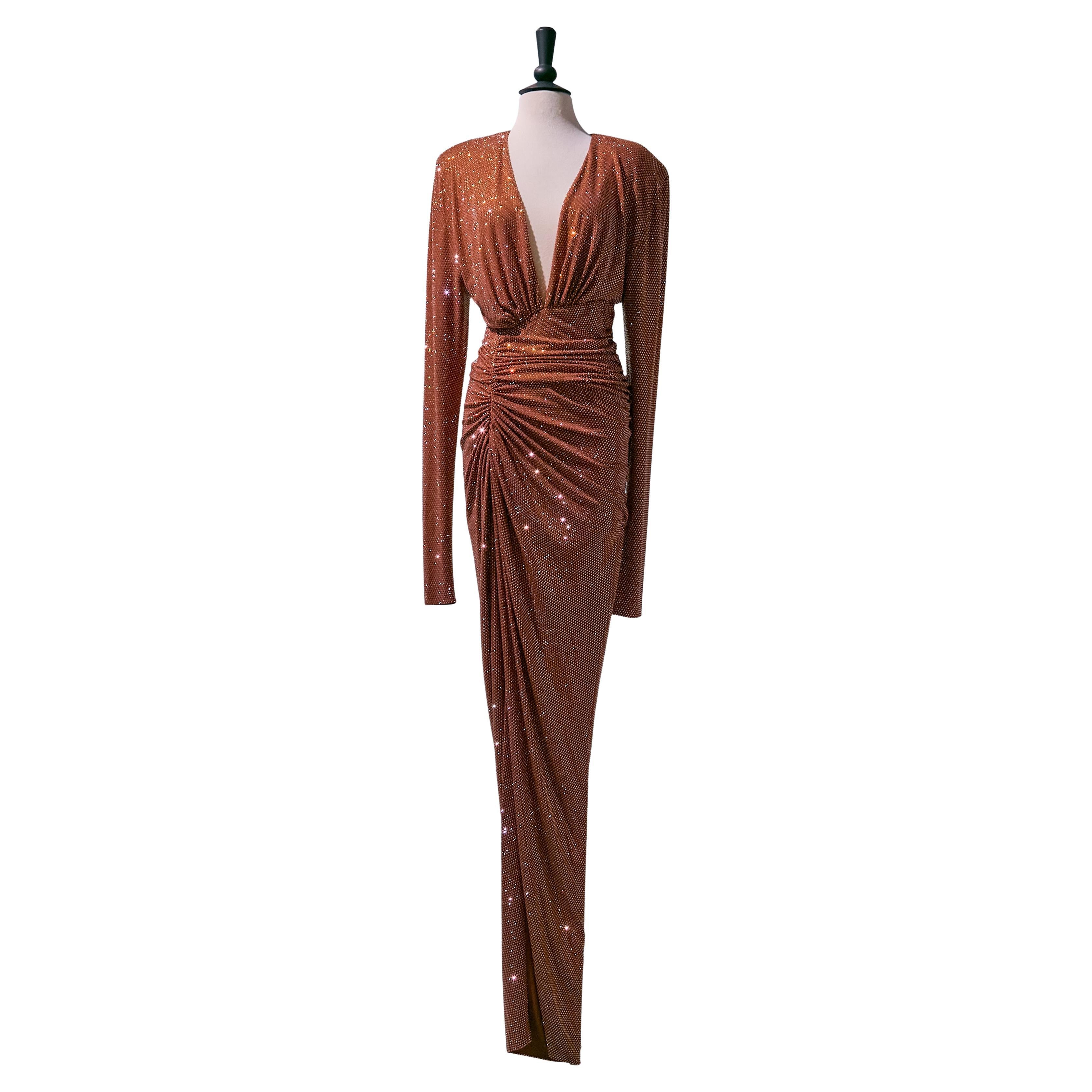 Bourbon brown crystallized V neck draped evening dress ALEXANDRE VAUTHIER