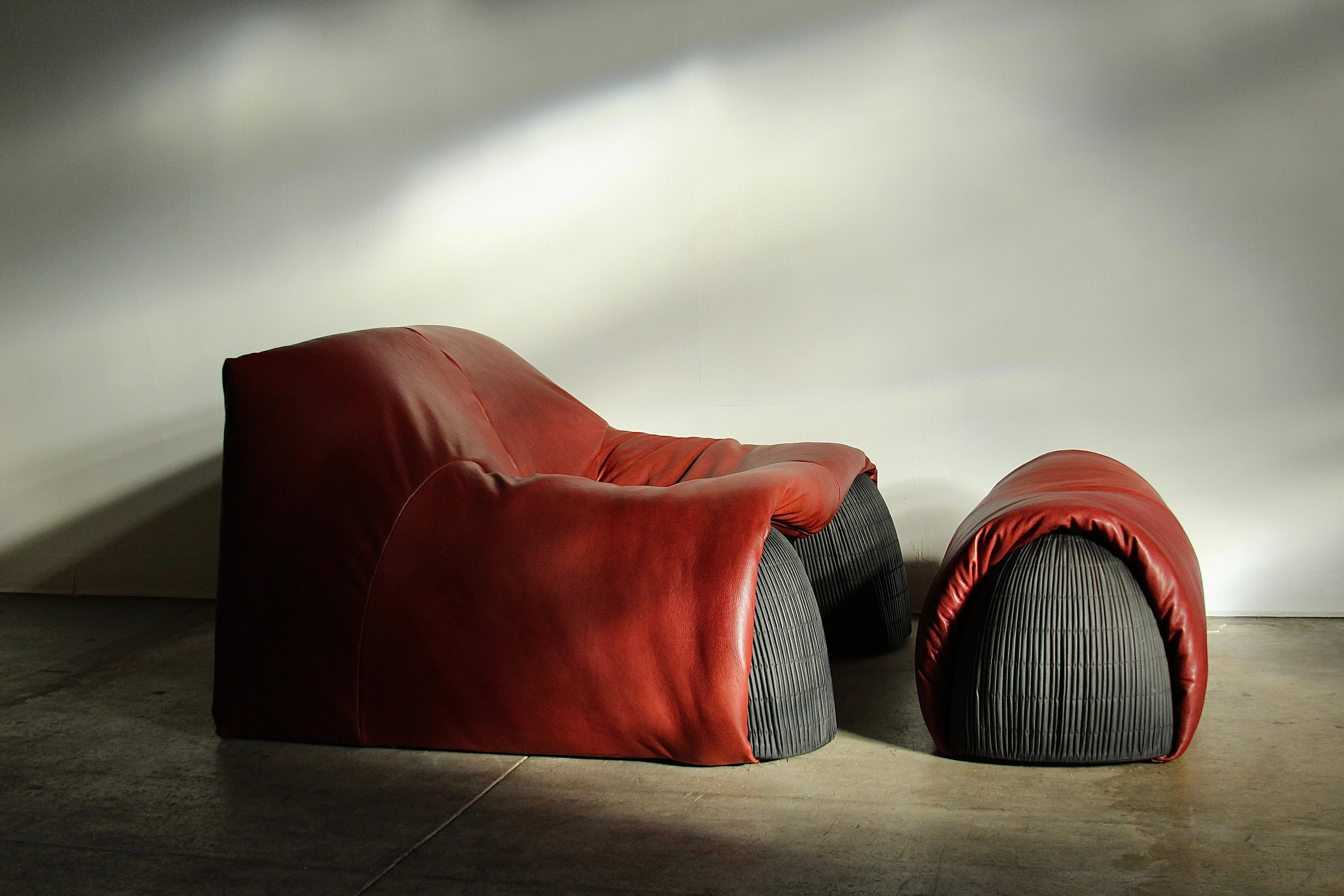Post-Modern Bourbon Leather 'Amak' Lounge Chair and Ottoman by Annie Hieronimus for Cinna