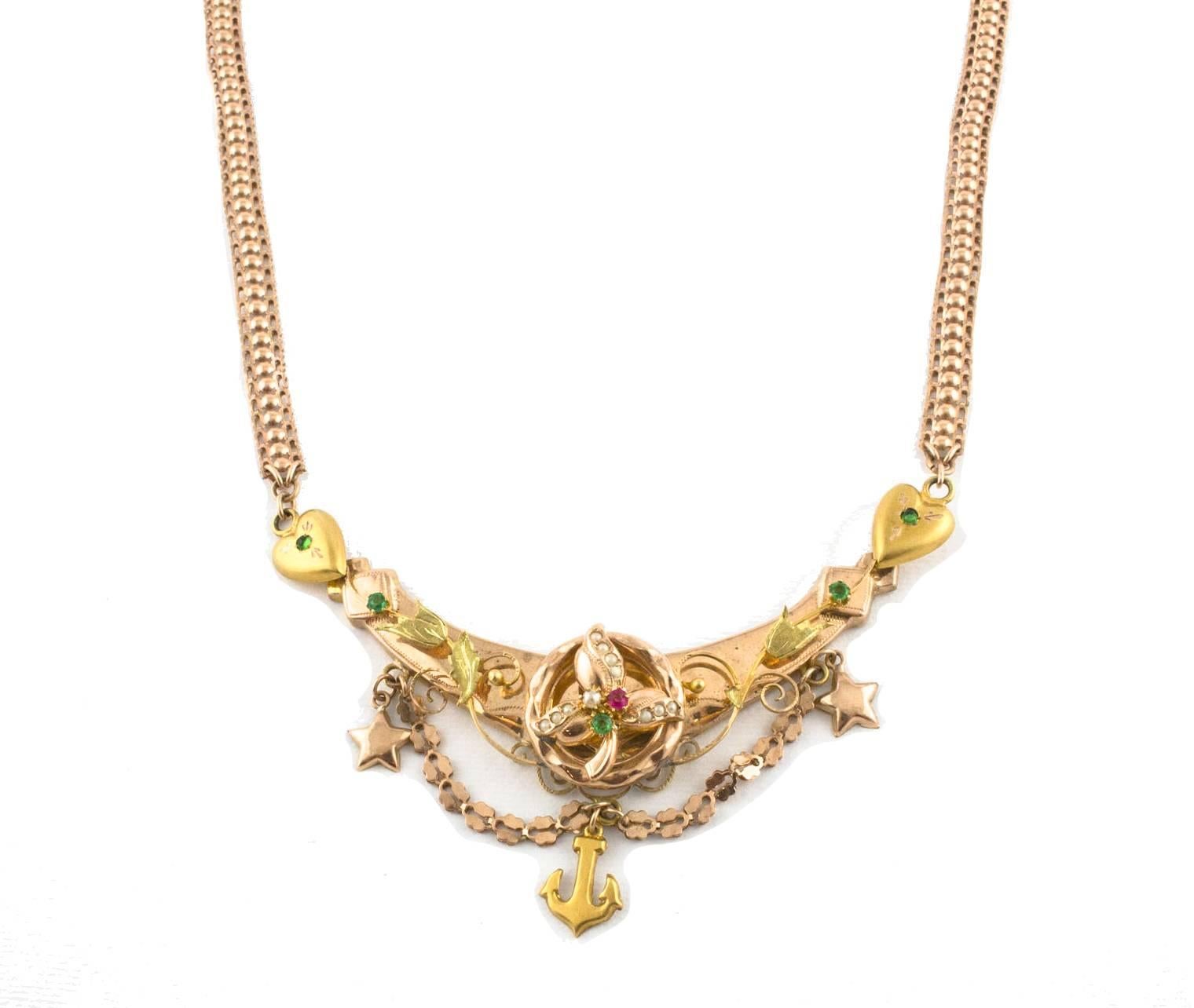 Victorian Bourbon Period, Little Pearls, Stone, Yellow and Rose Gold Necklace