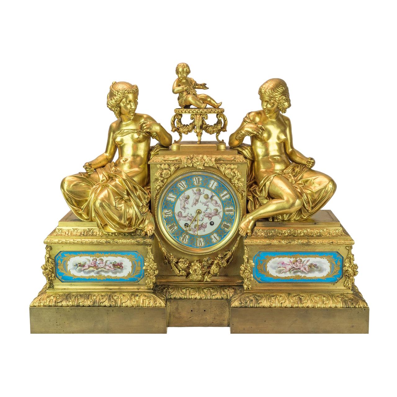 Pendule de cheminée en bronze doré figuratif Bourdin Paris, vers 1890 en vente