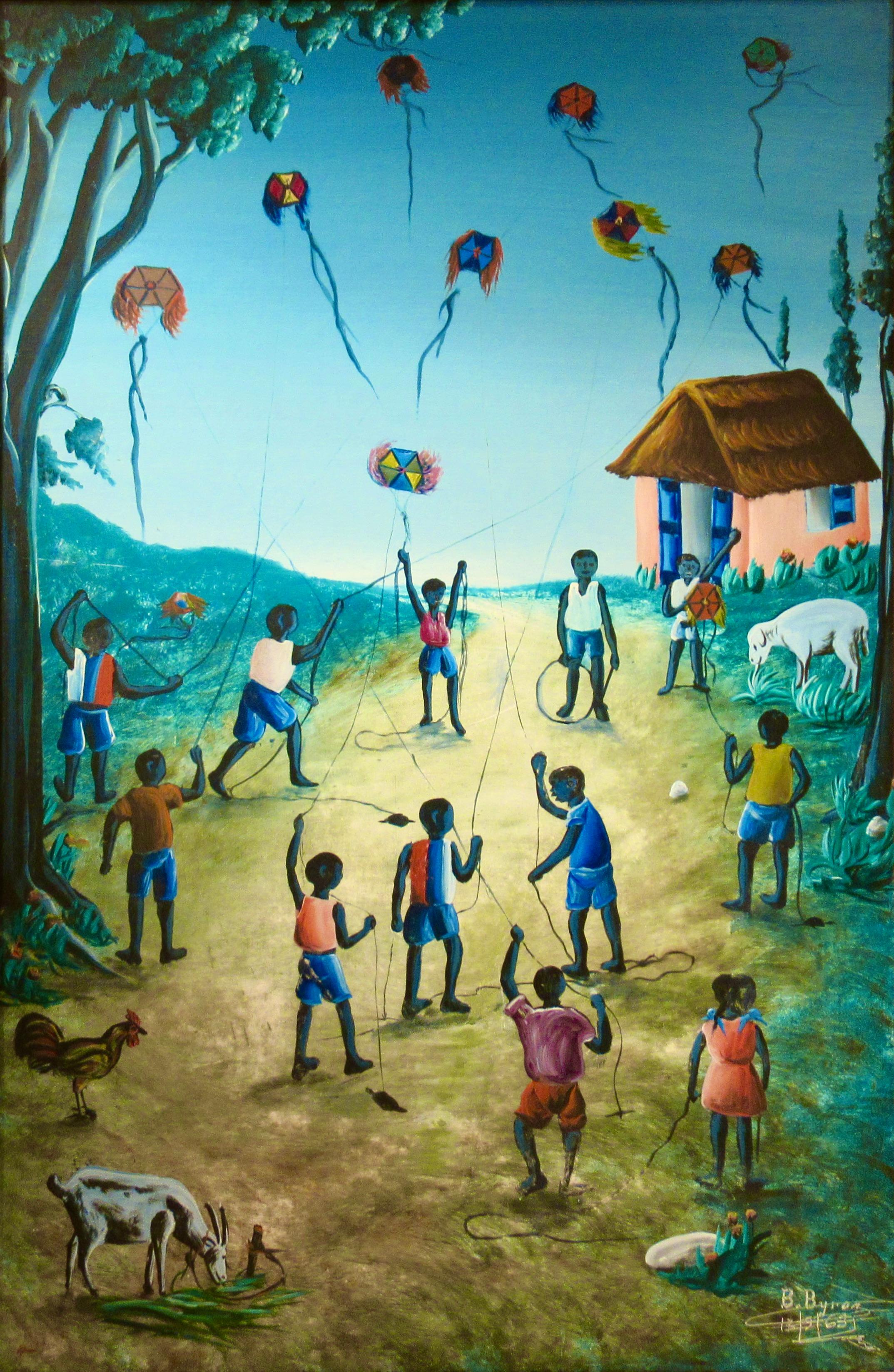 Children Flying Kites - Painting by Bourmont Byron