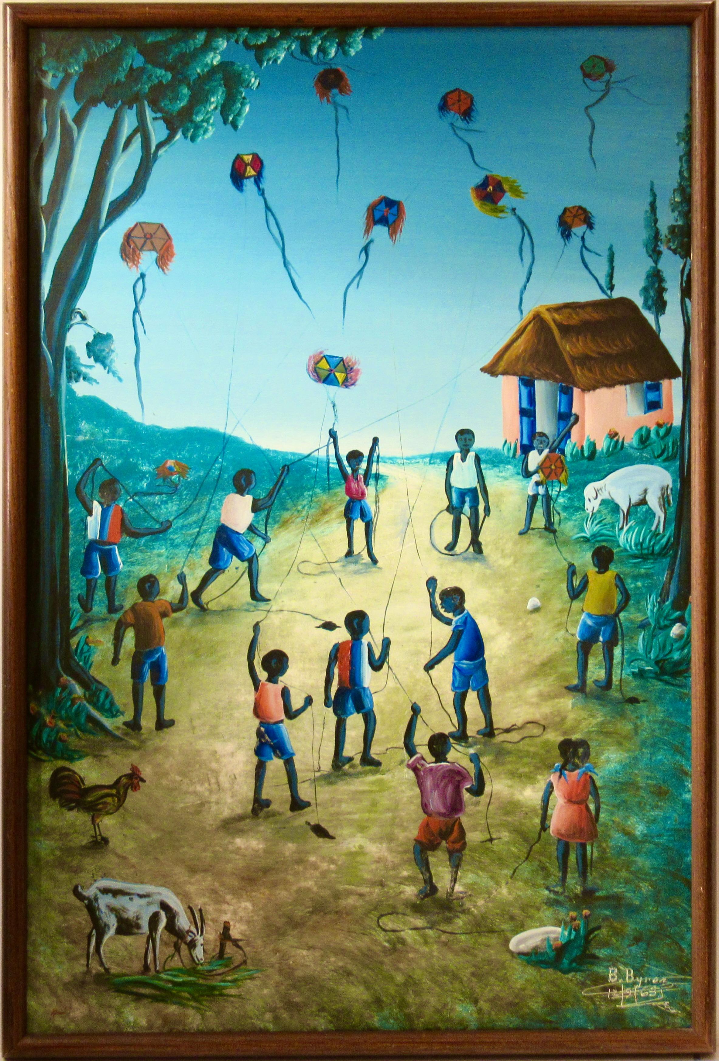 Bourmont Byron Landscape Painting – Flying Kites für Kinder