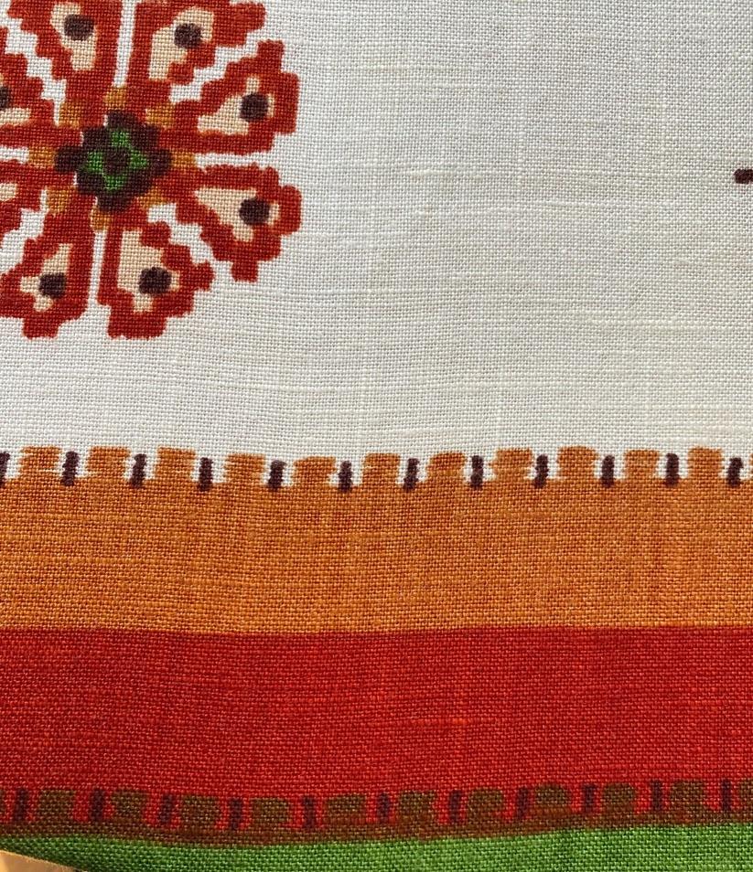 French Boussac France Linen Blend Dorado Textile, Red, White, Green, Brown, 1970s For Sale